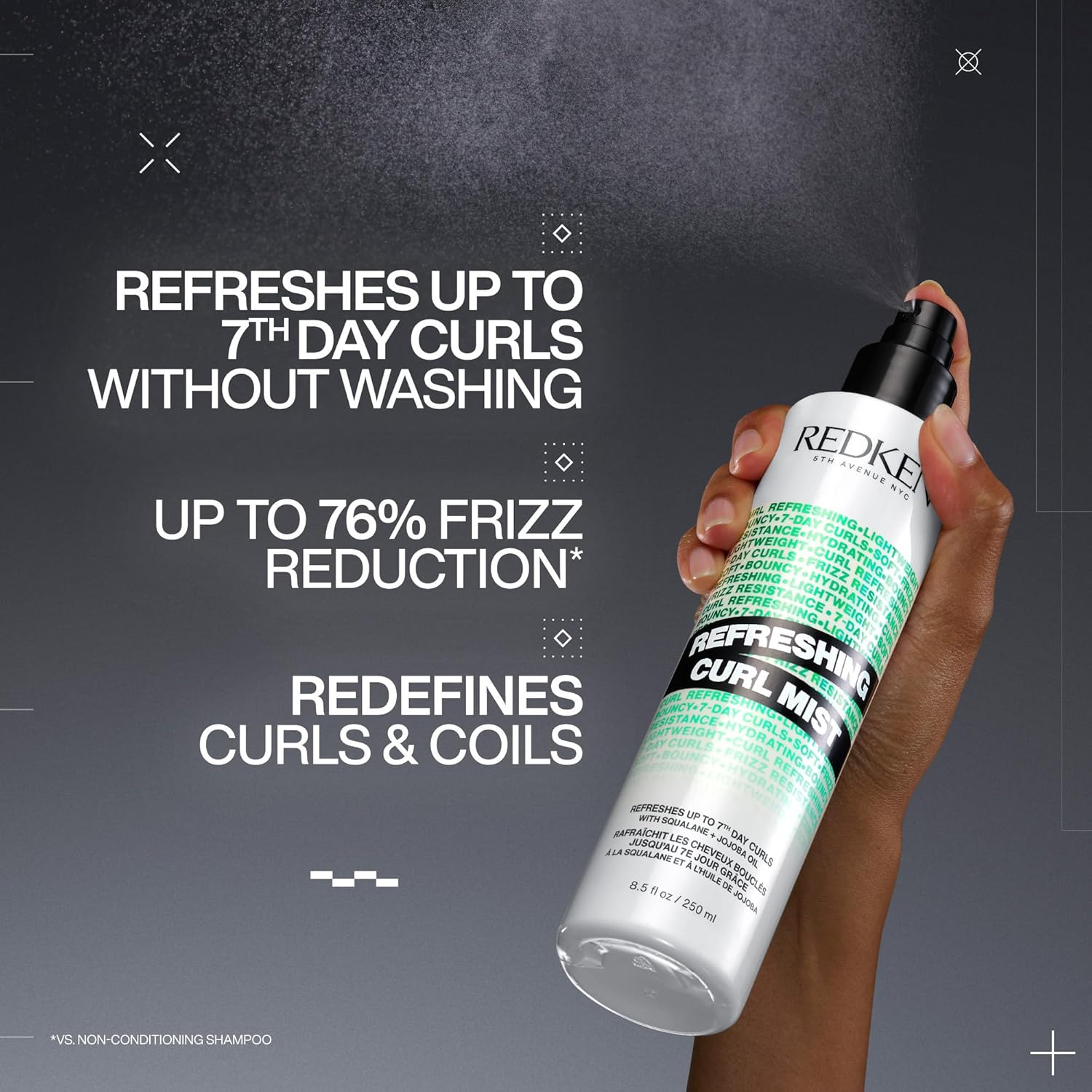 Redken Curl Refreshing Spray| Hydrates & Defines up to 7Th-Day Curls | for Curly, Coily Hair | Vegan Formula, Silicone-Free | with Squalane & Jojoba Oil | 250Ml image number 2