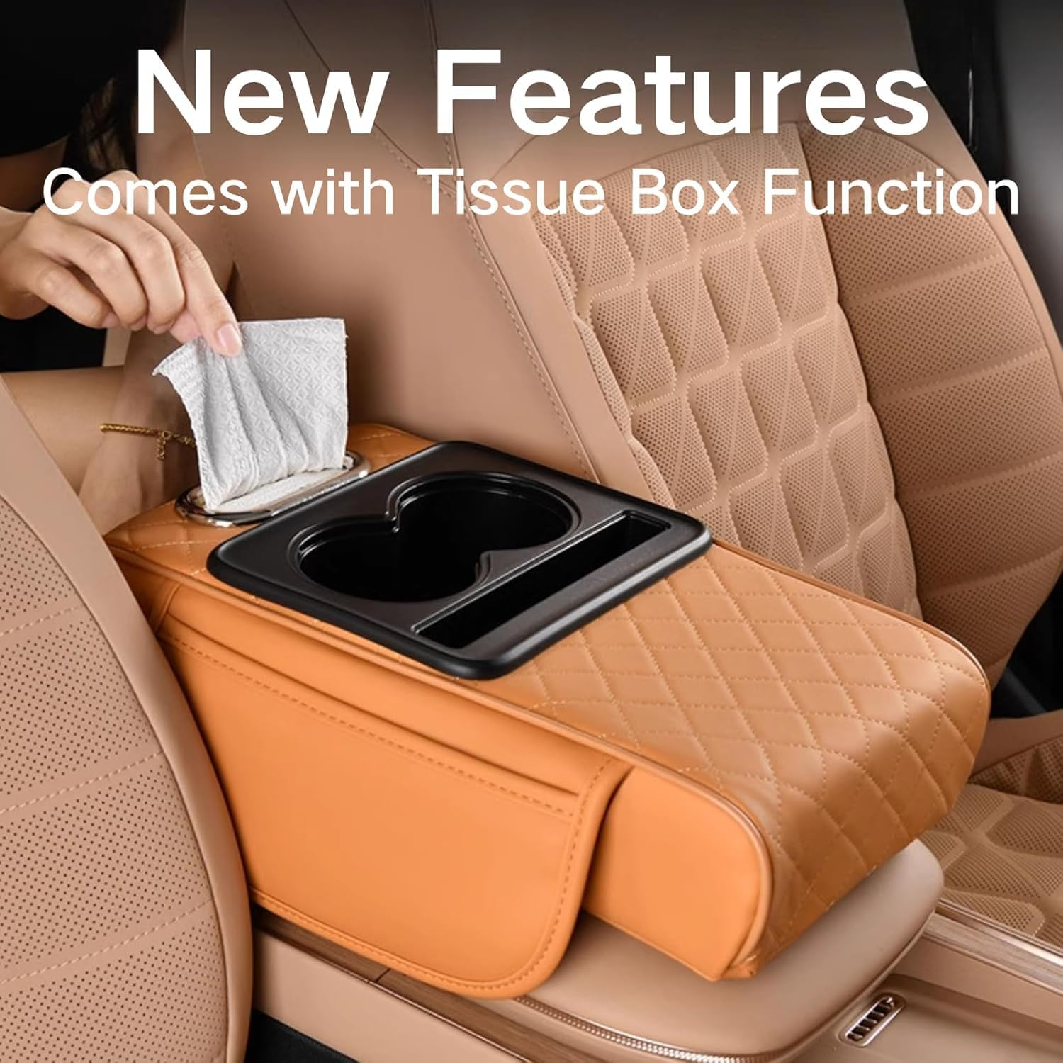 Integrated Pressurized Multifunctional Car Armrest Heightening Pad, Car Armrest Box Storage Bag, with 2 Cup Holder, Phone Slot, Tissue Box, Side Pockets, for All Carmodels (Grey)