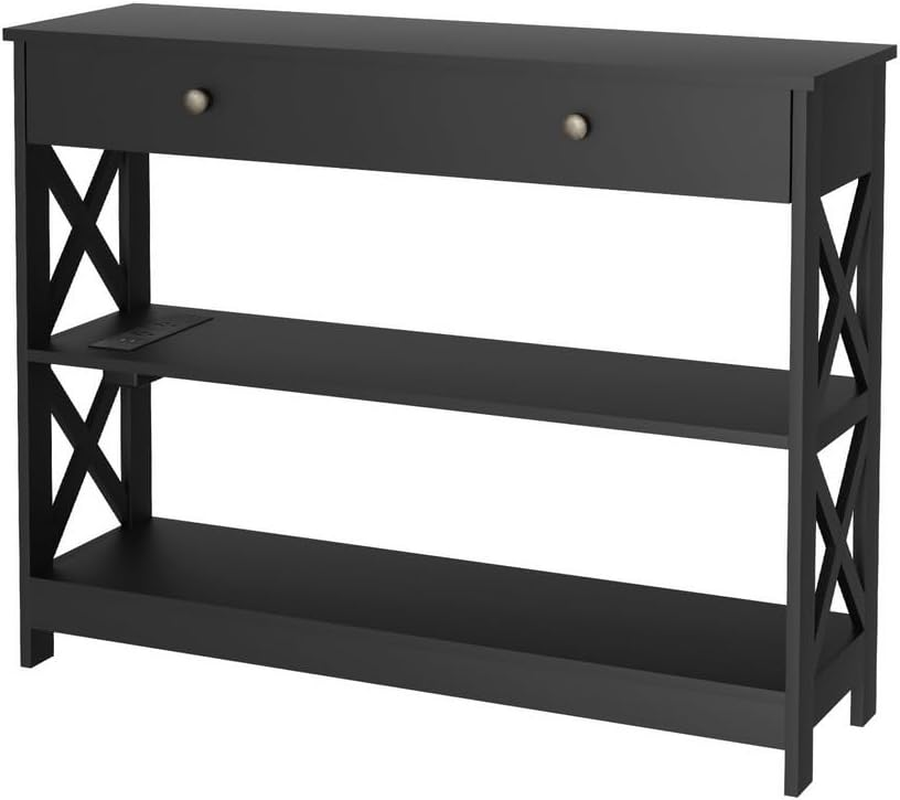 Artiss Console Table 3-Tier Entry Hallway Shelf Drawer Wood Outlets USB Ports