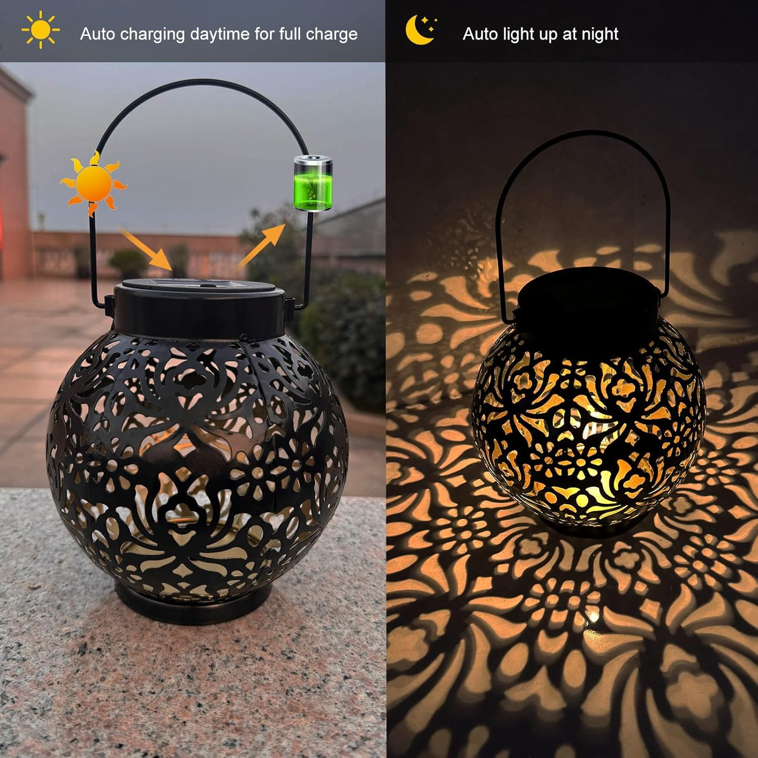Outdoor Solar Hanging Lantern Lights, Waterproof Tabletop Solar Lights with Handle, LED Solar Moroccan Lanterns, Metal Decorative Garden Solar Lights for Lawn, Porch, Backyard(1 Pack Black) image number 6