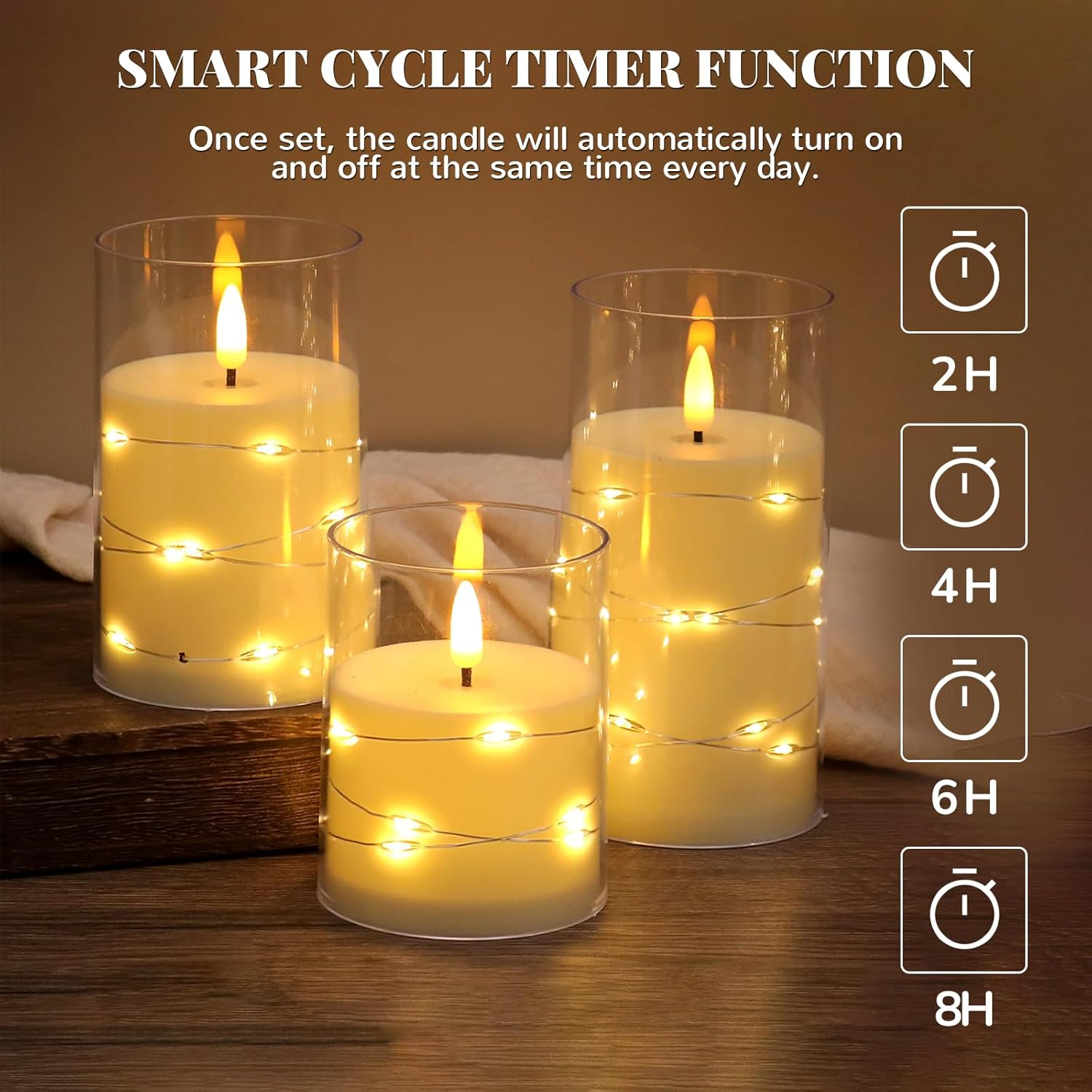 Flickering Flameless Candles: Built-In Star String Lights Unbreakable 3D Wick Acrylic Battery Operated LED Pillar Candles, for Romantic Home/Wedding/Room Decor(4" 5" 6") image number 2