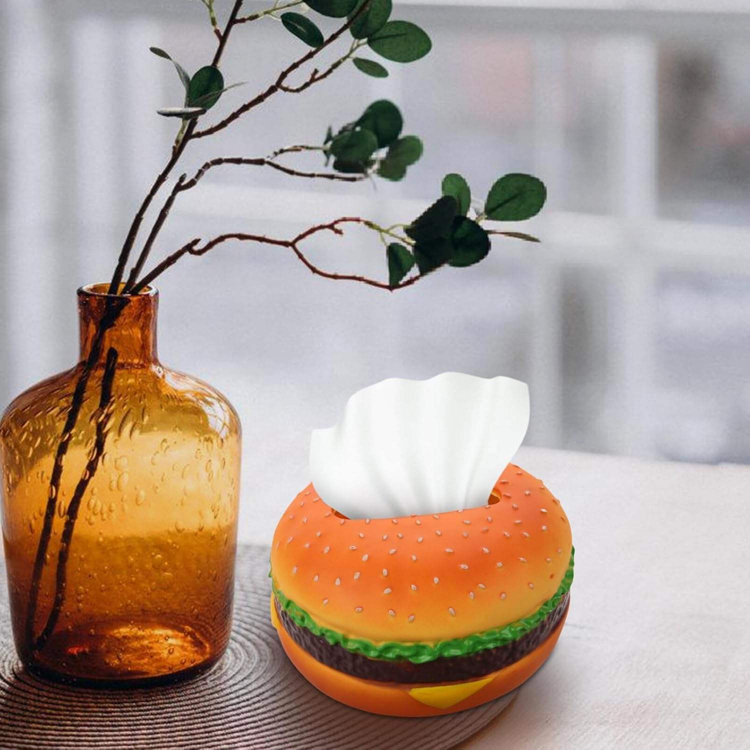 Burger Tissue Box Cover, Hamburger Shaped Tissue Holder Creative Tissue Storage Box Napkin Dispenser for Home Office Desk Restaurant Decoration image number 4
