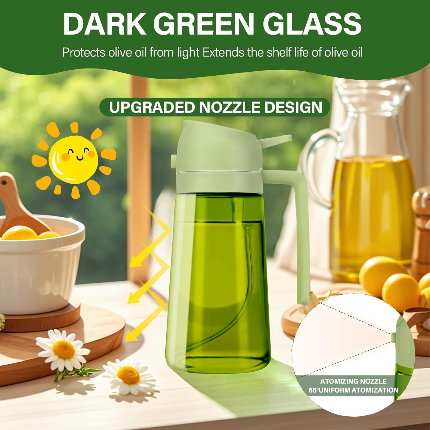 Tapvai Oil Sprayer 2 in 1 for Edible Oil 470Ml Light Blocking Dark Sprayer UV Protection for Kitchen Green Glass Bottles for Cooking image number 2