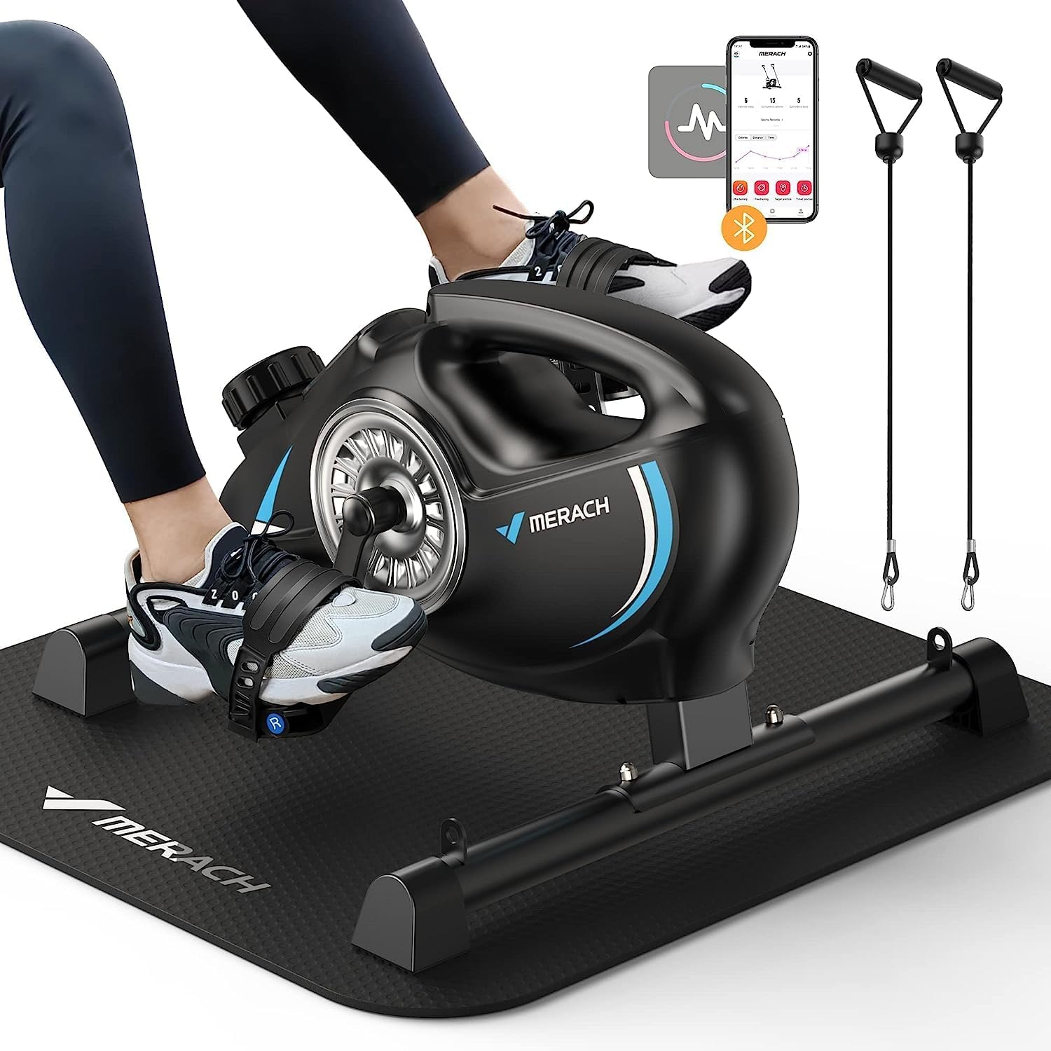 Under Desk Bike Pedal Exerciser, Quiet Magnetic Mini Exercise Bike with MERACH App for Arm, Leg Recovery, Physical Therapy, Smooth Foot Desk Cycle with 2 Resistance Bands & Non-Slip Mat