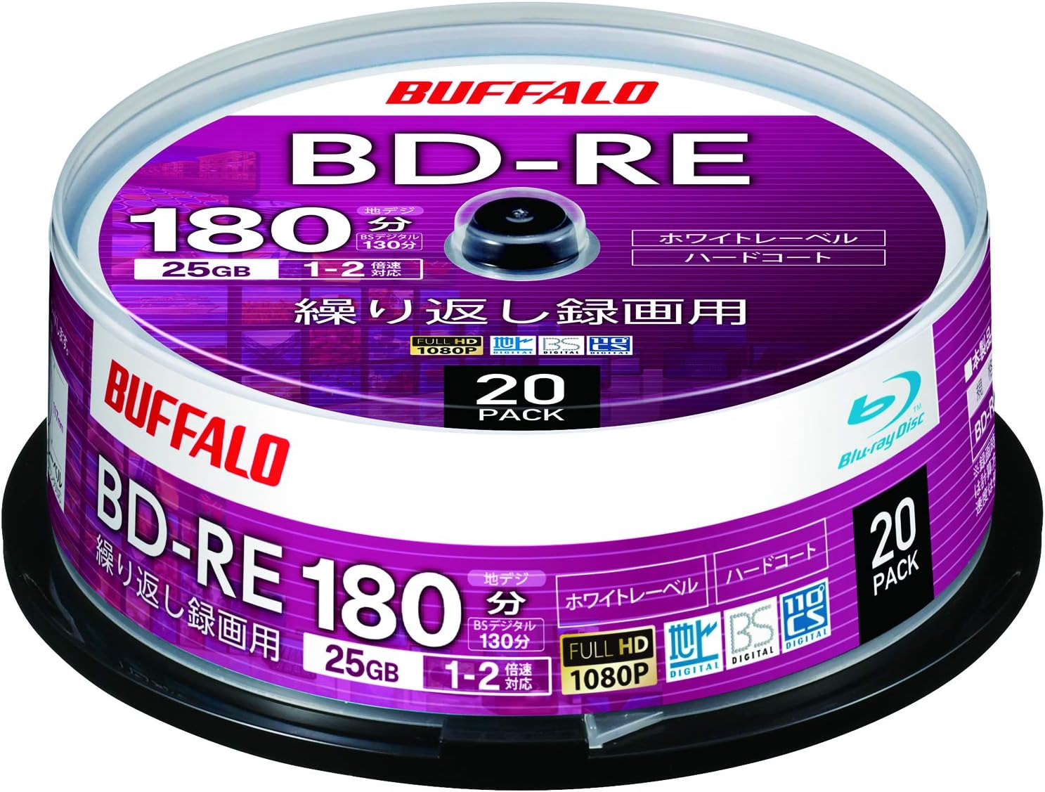 Buffalo RO-BE25V-020PW/N Blu-Ray Disc, BD-RE for Repeated Recording, 25 GB, 20 Discs, Spindle, Single-Sided, 1-Layer, 1-2X Speed, Diga Operation Confirmed, White Label image number 2