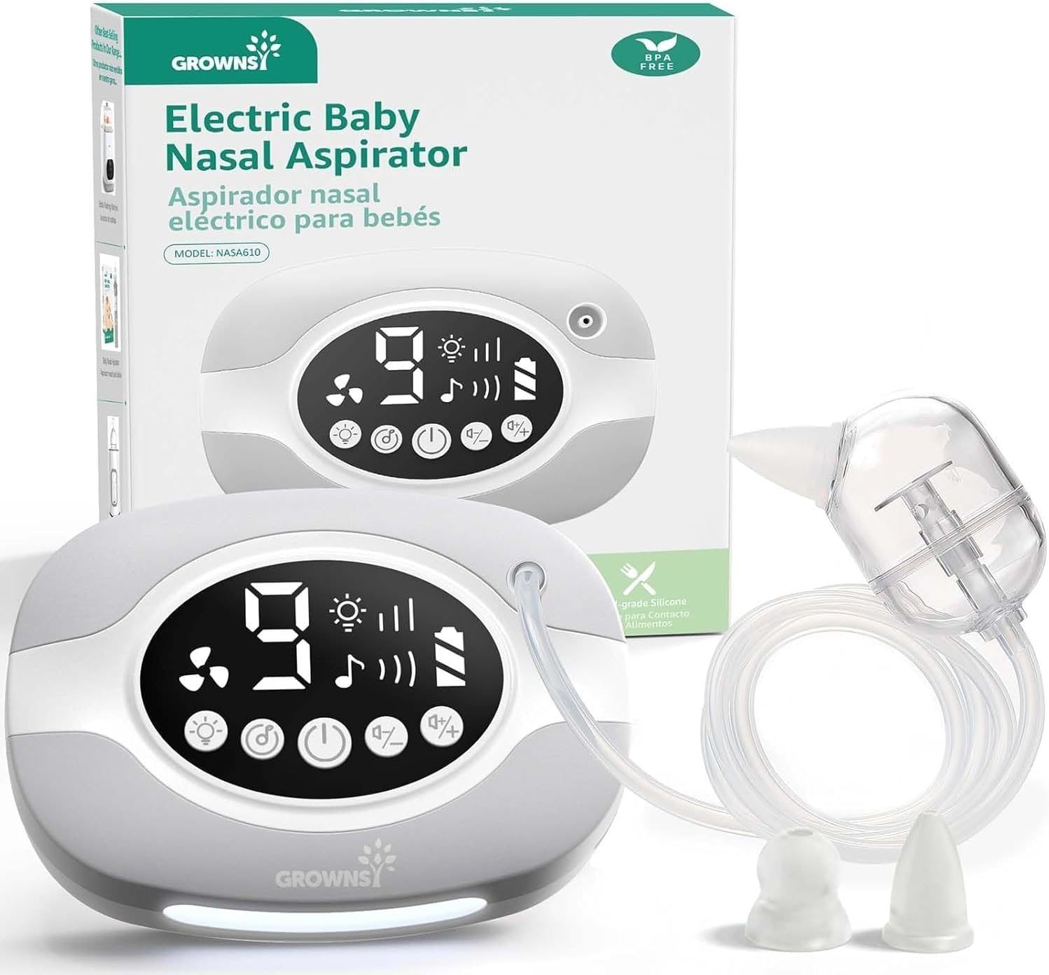 GROWNSY Nasal Aspirator for Baby, Electric Nose Aspirator for Toddler, Baby Nose Sucker, Automatic Nose Cleaner with 3 Silicone Tips, Adjustable Suction Level, Music and Light Soothing Function (Gray)