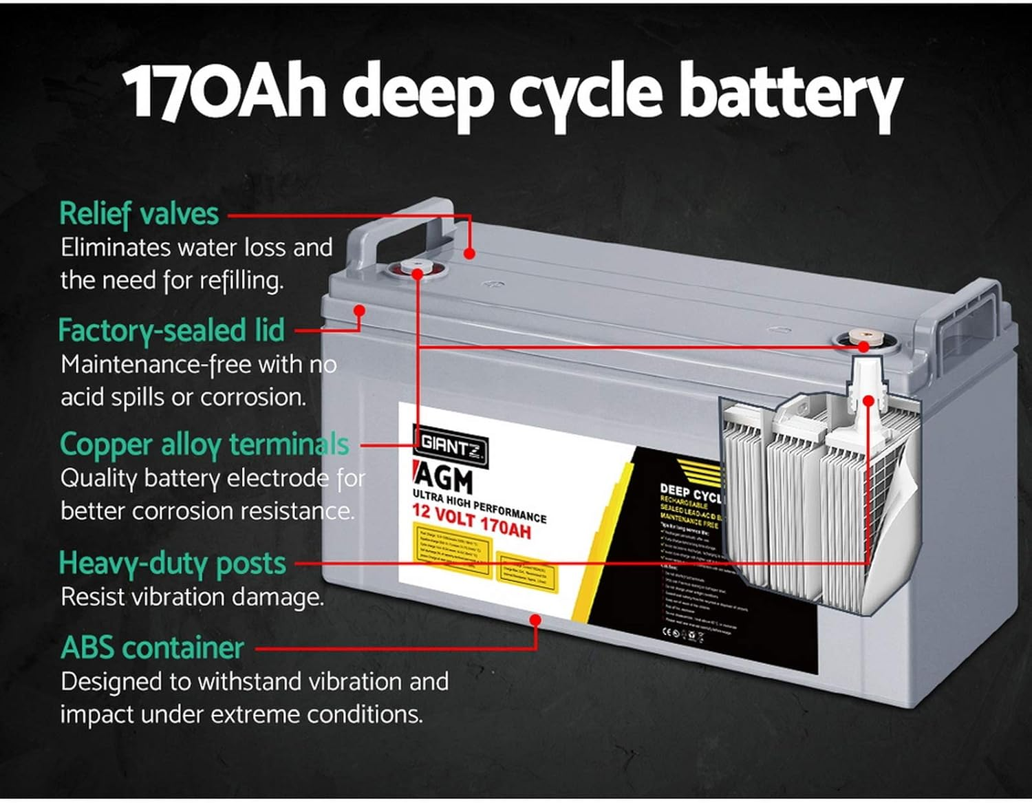 Giantz 170Ah AGM Deep Cycle Battery, Recharge Batterys 4Wd Charging Portable, 1400 Cycles Long Life High Performance for Solar Camper Trailer Caravan Camping Car Power Supply