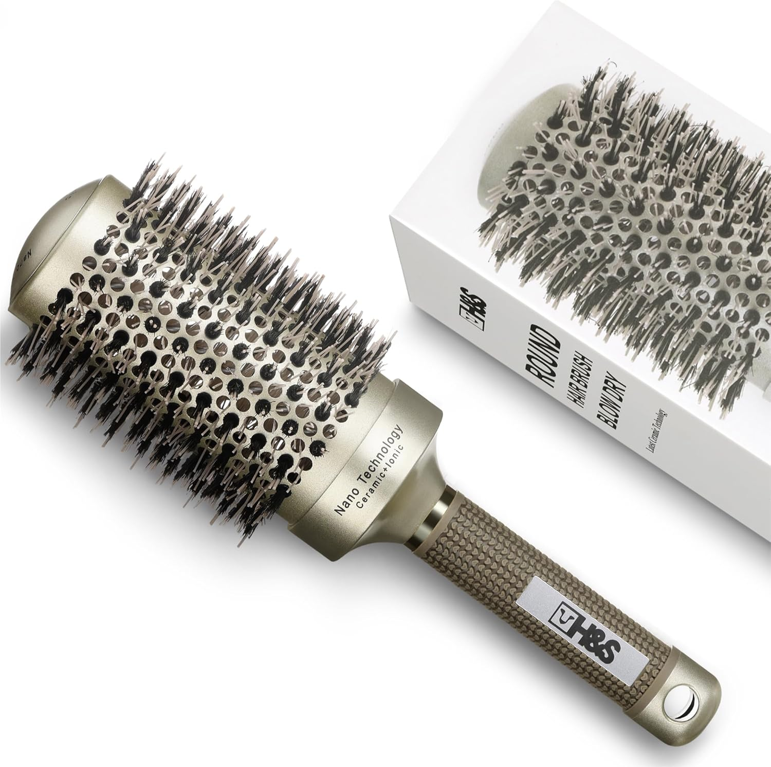 H&S round Hair Brush - ⌀ 85Mm (3.3") - Natural Boar Bristle Hairbrush for Blow Drying and Quiff Styling - Small Circlular Roll Brush for Women and Men - Gold