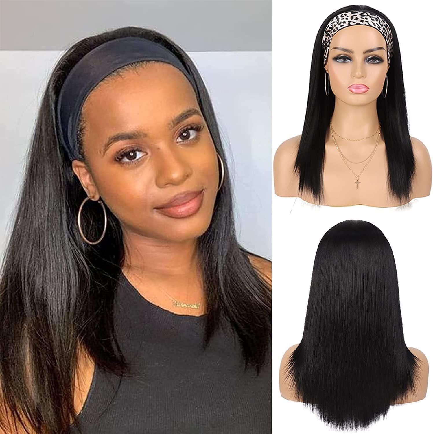 Headband Wig for Women Black Straight Synthetic Headband Wig Glueless Heat Resistant Natutal Looking for Daily Party Use (Black, 26 Inch) image number 4