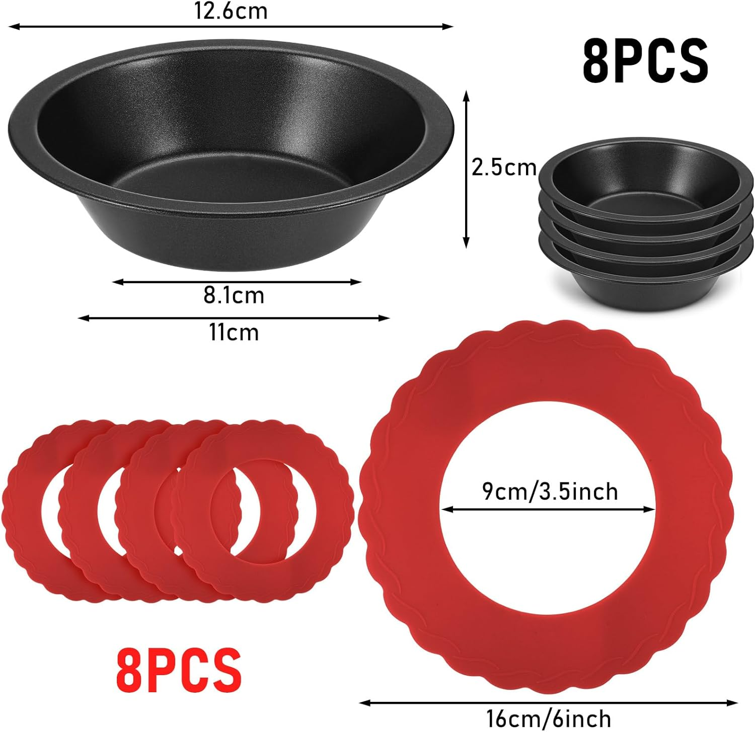 Pie Dish Set Including Mini Pie Pans Nonstick 5 Inch Metal Bakeware and Silicone Crust Protector 3.5-6.4 Inch Kitchen Baking Cover to Protect Edge from Burning, Red(16 Pcs) image number 4