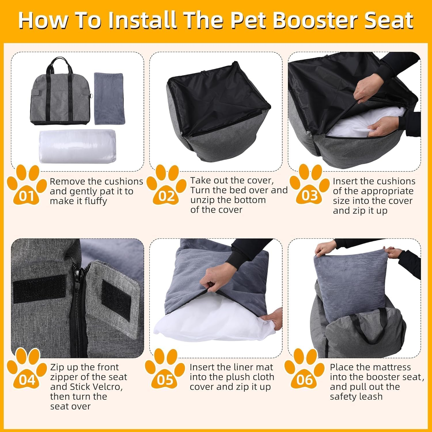 Small Dog Booster Car Seat, Portable Pet Safety Seat with Storage Pockets, Thickened Memory Foam Filling, Detachable and Washable Pet Puppy Travel Bed, Gray image number 5