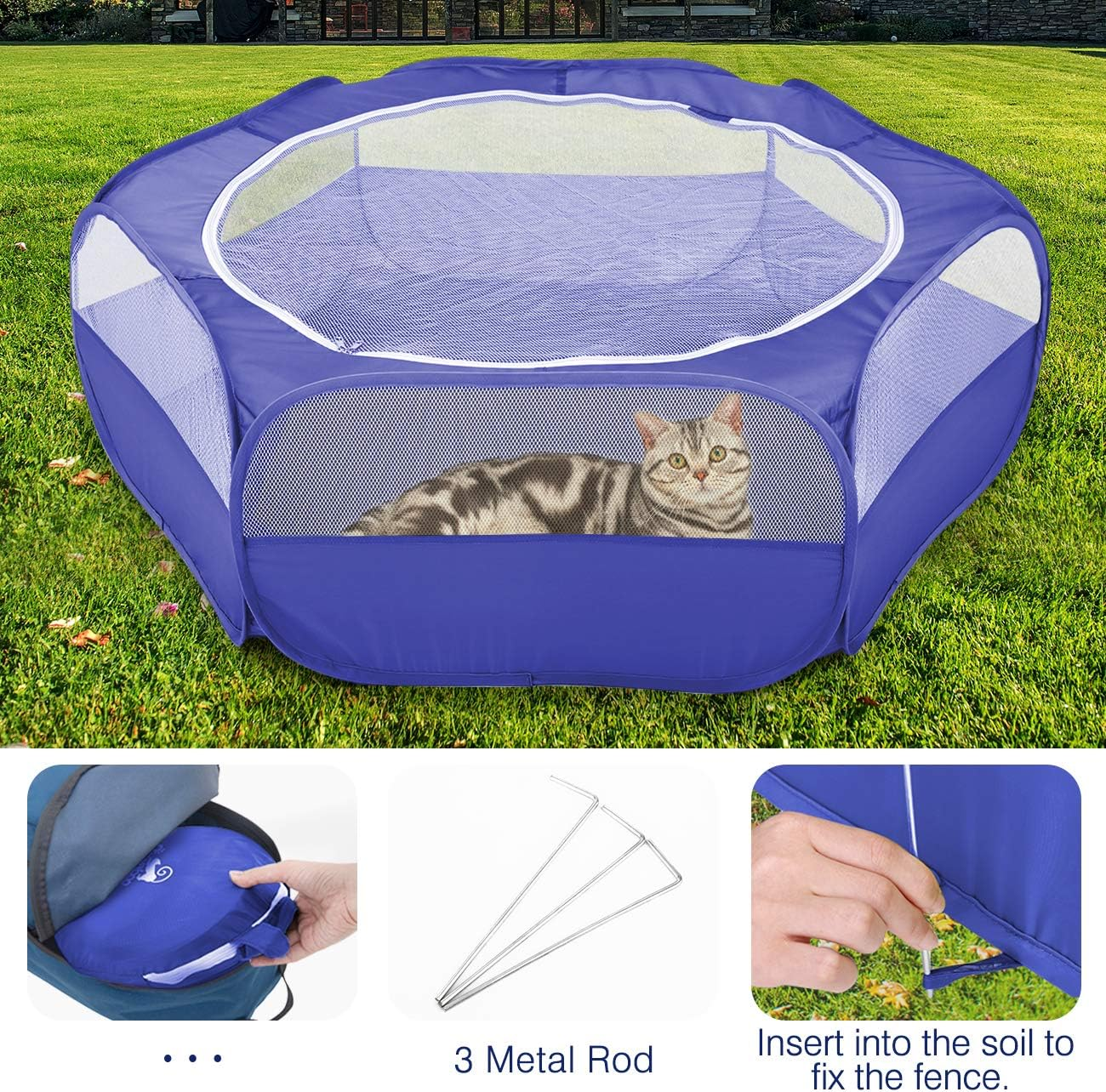Pawaboo Small Animals Playpen, Waterproof Small Pet Cage Tent with Zippered Cover, Portable Outdoor Yard Fence with 3 Metal Rod for Chick/Kitten/Puppy/Guinea Pig/Rabbits/Hamster/Chinchillas,Indigo image number 2