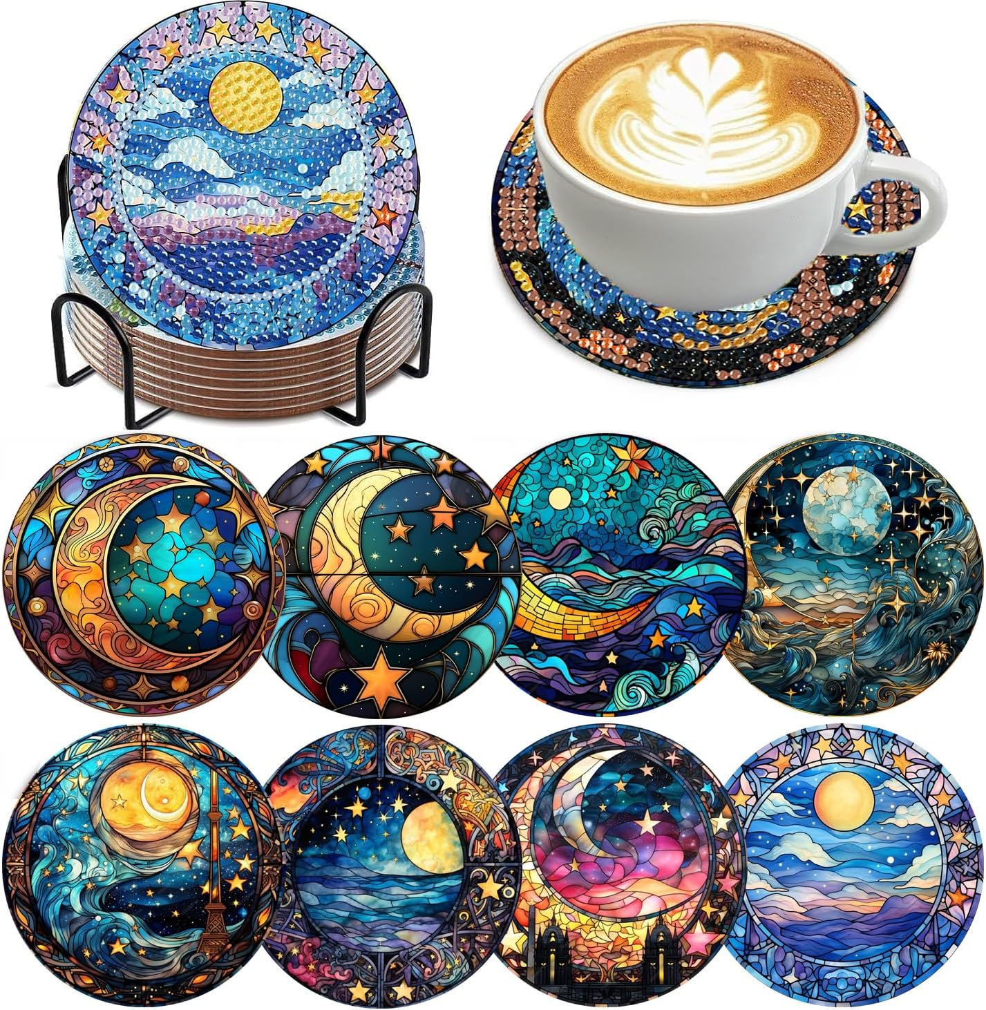 8 Pcs Diamond Art Coasters Moon Diamond Painting Coasters Kits with Holder Cork Pads DIY Moon Diamonds Art Painting Coaster Set for Adults Beginners Crafts Supplies image number 2