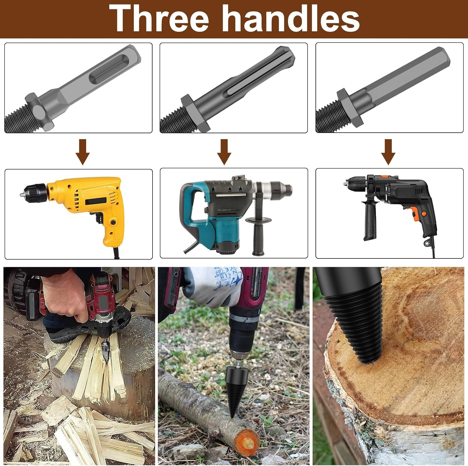 2Pcs Firewood Log Splitter 32Mm 42Mm High-Carbon Steel Wood Log Drill Bit with Hex/Round/Square Shank Titanium Coated Sturdy Wood Splitting Screw Cone for Electric Drill Camping image number 3