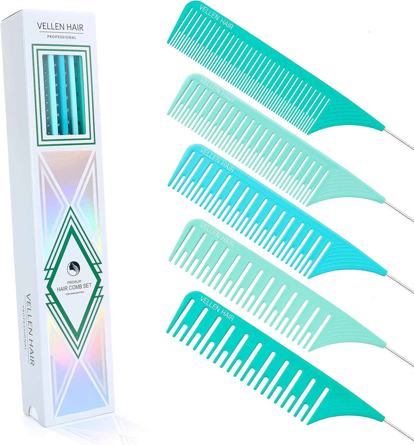 Vellen Professional Hair Highlighting Comb Set &ndash; 5 Sizes for Balayage & Foiling &ndash; Heat Resistant PEI Plastic (220&deg;C) &ndash; Anti-Static, Durable, Chemical Resistant &ndash; Includes Extra Long Stainless Steel Needle &ndash; Stylist & Salon Grade (Mint/Blue, 5Pcs) - Black image number 4