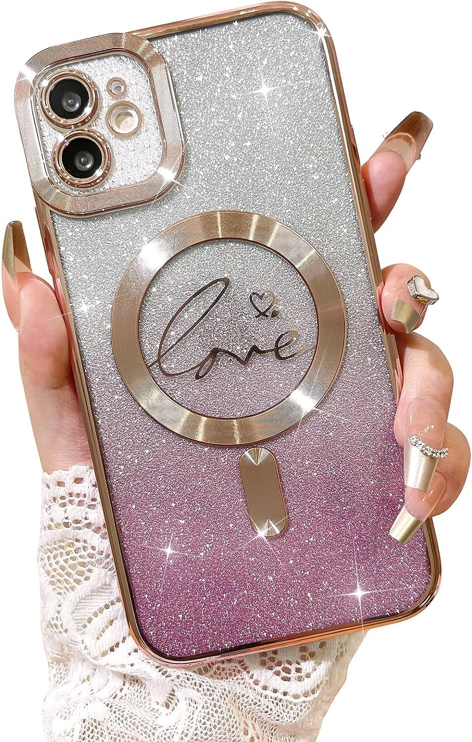 ELEPIK for Iphone 17 Case with Camera Protector, [Full Camera Cover Protection] [Compatible with Magsafe] [Love Heart Plating] [Glitter Bling Plating] Clear Magnetic Slim Phone Case, Gold
