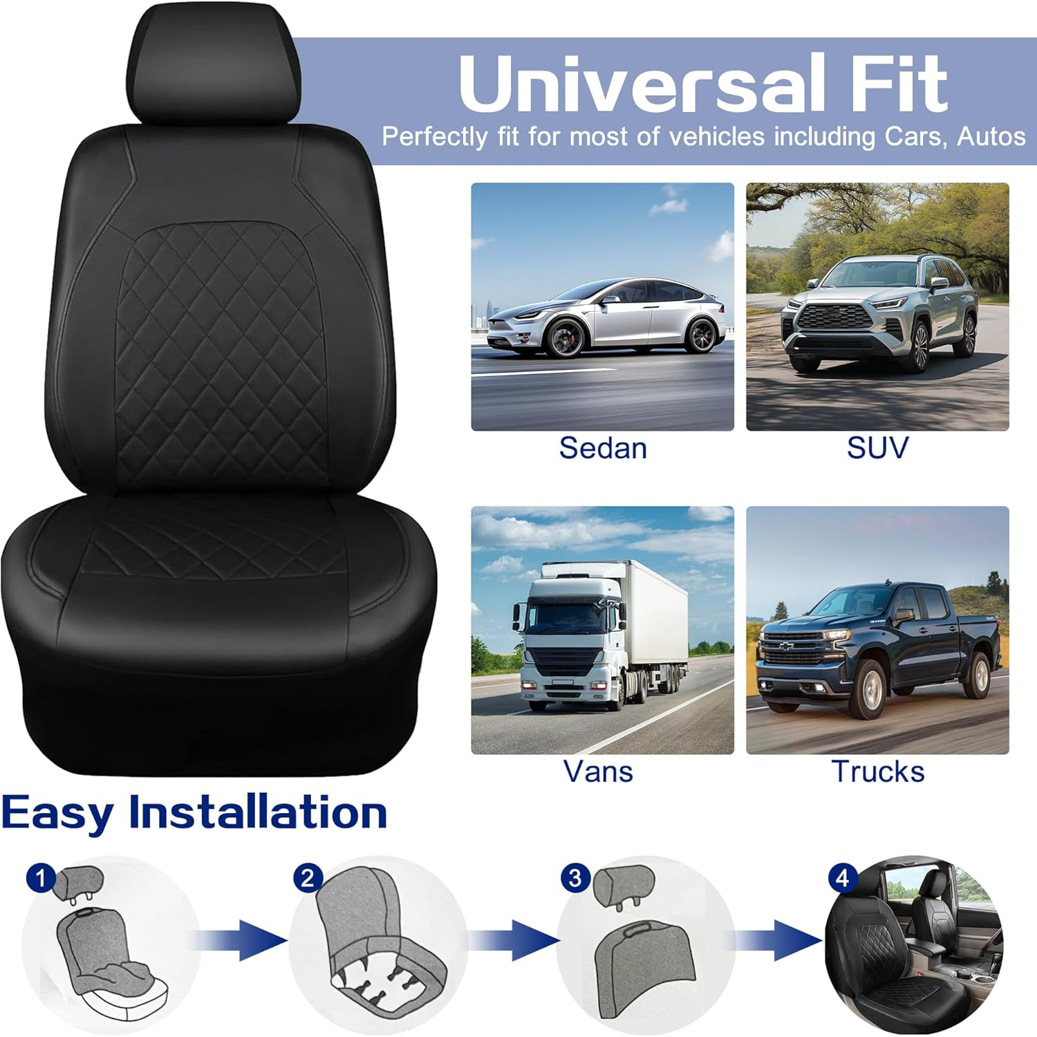 Car Seat Cover Leather Front Seats 2 Pieces, Automotive Front Seat Covers with Comfortable Mesh Back, Full Arround, Universal Fit Waterproof Seats Cushions Protectors for Sedan Vans SUV (Black)