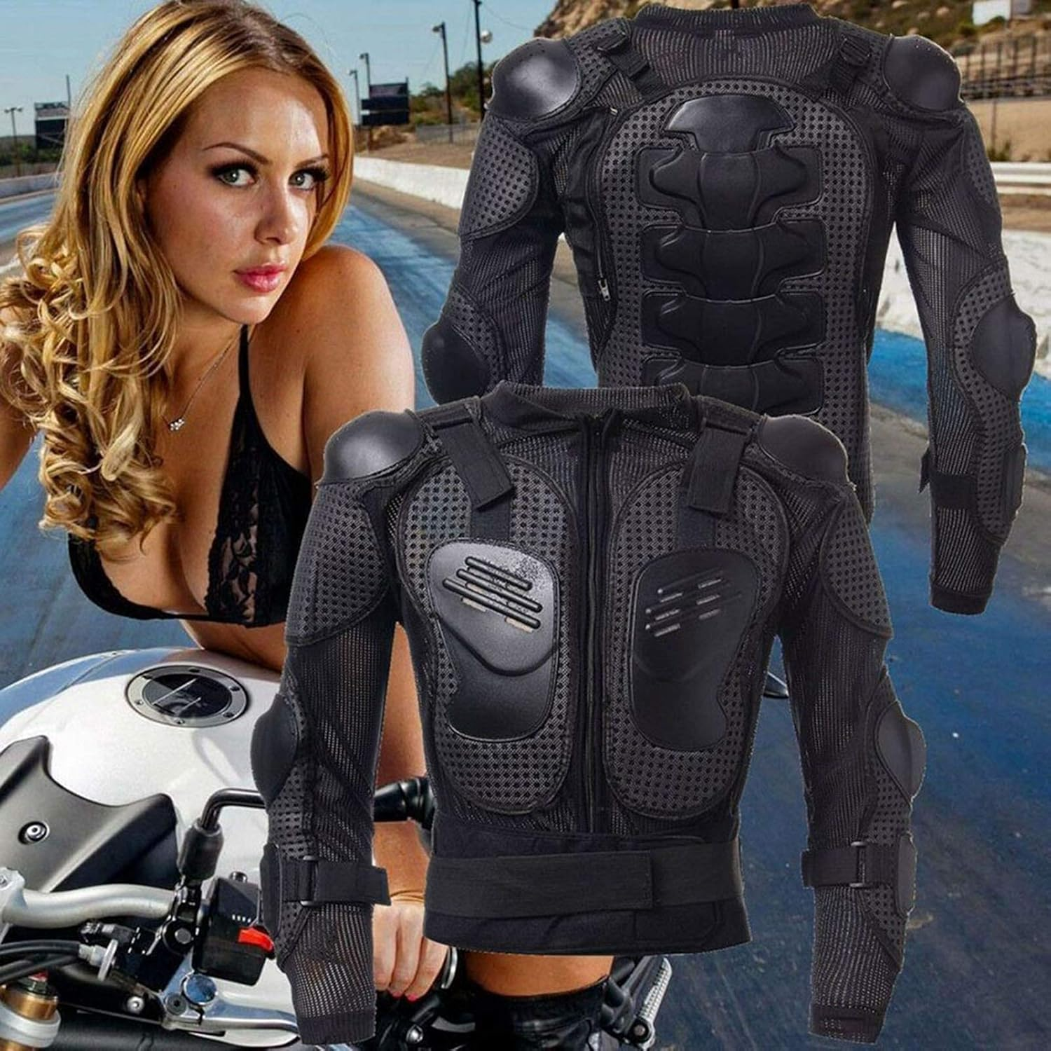 Full Body Cycle Riding Jacket Armor E Shoulder Chest Protection 1 Pa of Gloves Black L image number 4