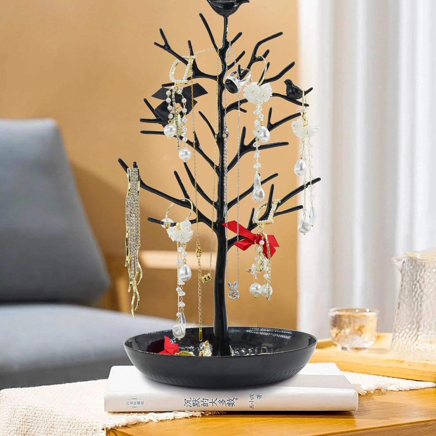 Mrmrkura Jewelry Tree Earring Necklaces Holder, Tree Tower Organizer for Women Girl Jewelry Rack Stand Display for Earrings, Necklaces, Rings (Black) image number 4