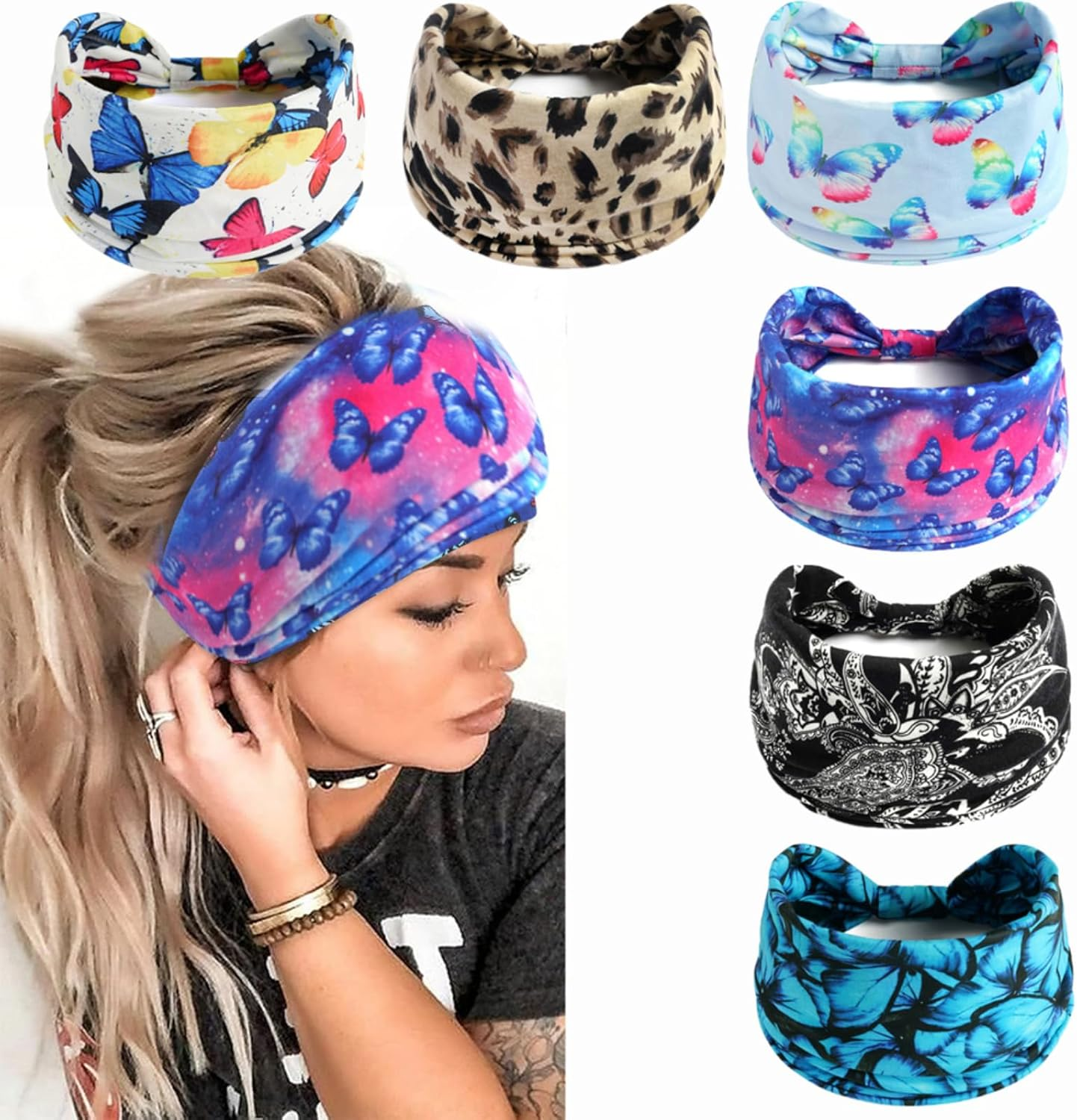 Fashion Headbands for Women Hair Headscarves Hair Band Turban Flower Cotton Headbands Wide Yoga Sports Headband Head Wrap (P6Wbutterleo) - P6Color1 image number 4