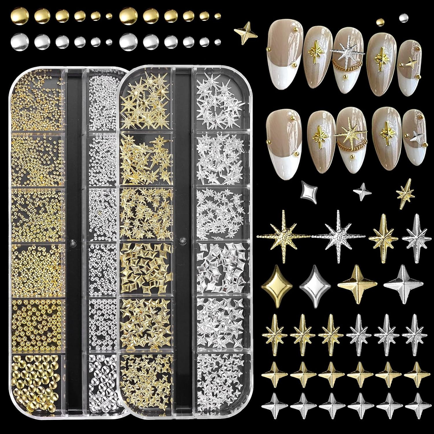 2 Boxes Gold Star Nail Gems Charms, Metal Starshine Studs, Silver Golden Micro Caviar Beads, DIY Accessories for Nail Art image number 5