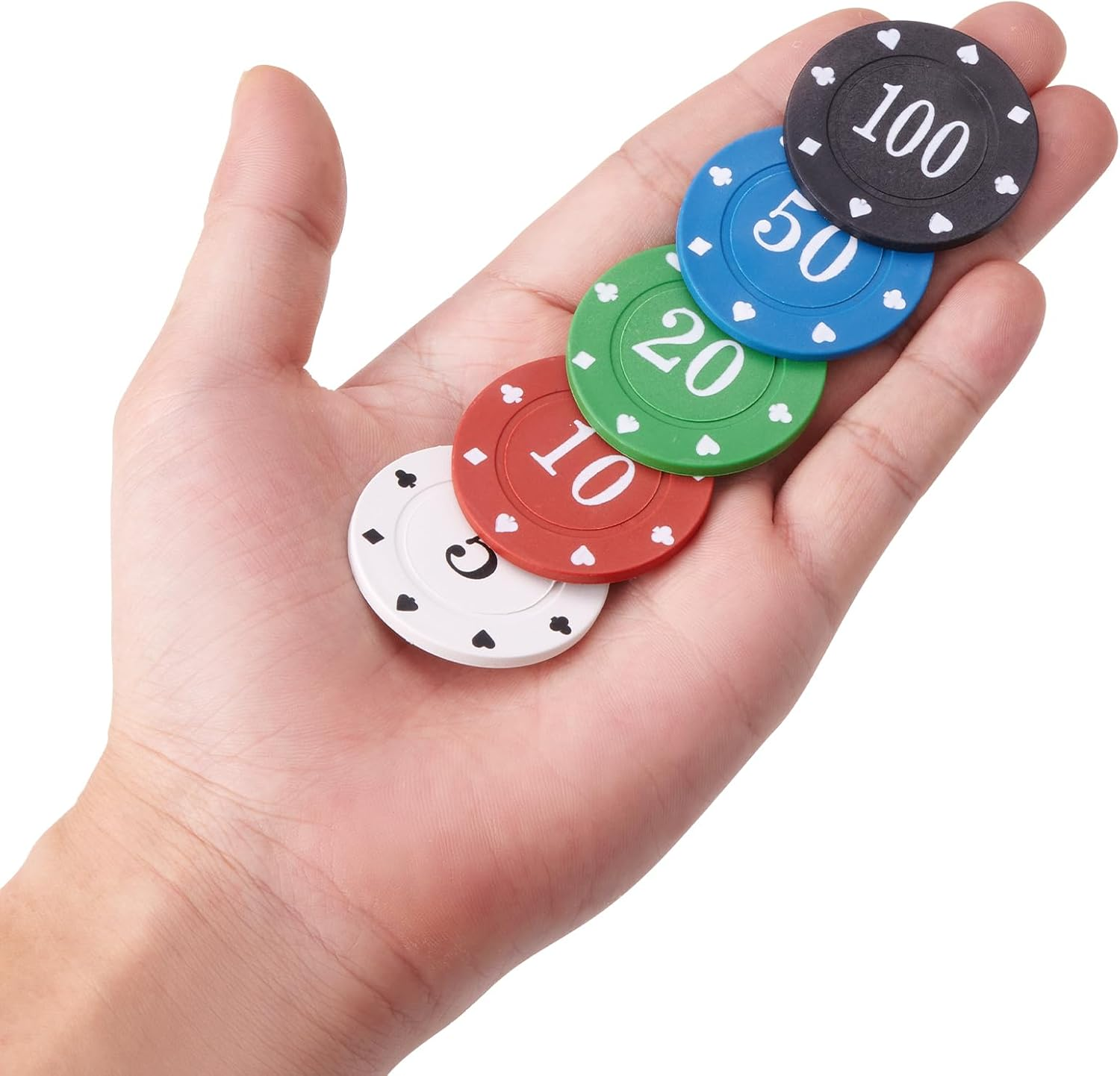 Poker Chips,Denomination Poker Chips Set with Black Velvet Pouch Bag,Plastic Learning Counters Disks and Learning Math Counting Chips,Game Night Party Supplies(100Pcs) image number 2