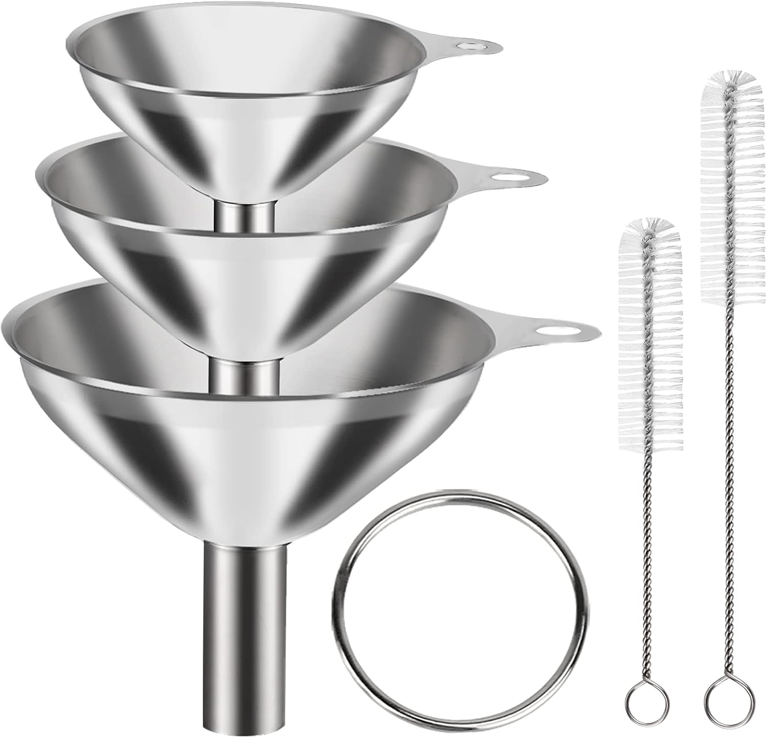 VOPTON 6 Pcs Stainless Steel Mini Funnels for Kitchen Use. Large Tiny Small Funnel Set of 3, Metal Cooking Powder Food Grade Flask Funnels for Filling Bottles Liquor Water Spice, 2Pcs Cleaning Brushes image number 3