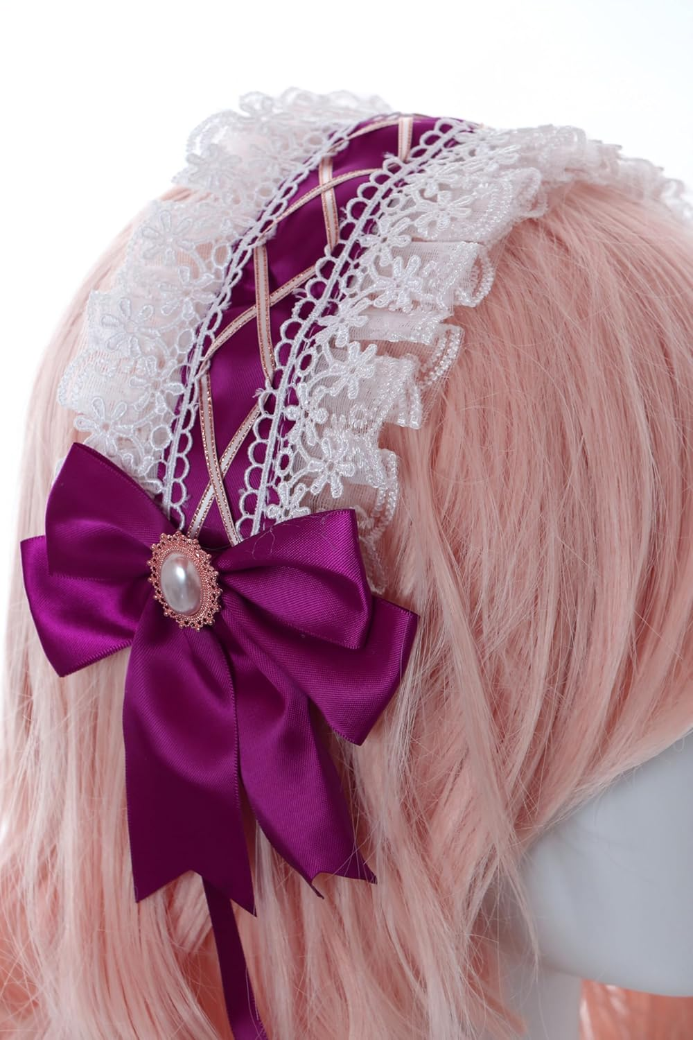C-09-2 Burgundy Purple White Maid Lolita Satin Lace Ruffle Headband with Bow Gothic Hair Accessories Headband Hair Accessory image number 2