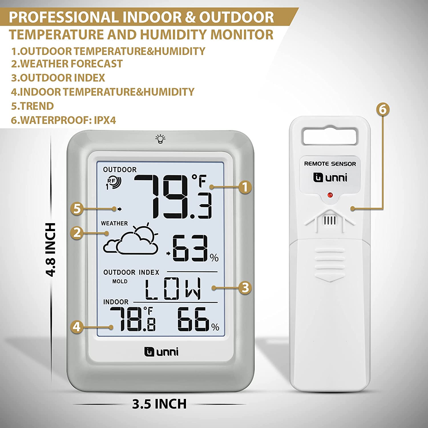 Indoor Outdoor Thermometer Hygrometer Wireless Weather Station, Temperature Humidity Monitor Battery Powered inside outside Thermometers with 330Ft Range Remote Sensor and Backlight Display - White image number 6