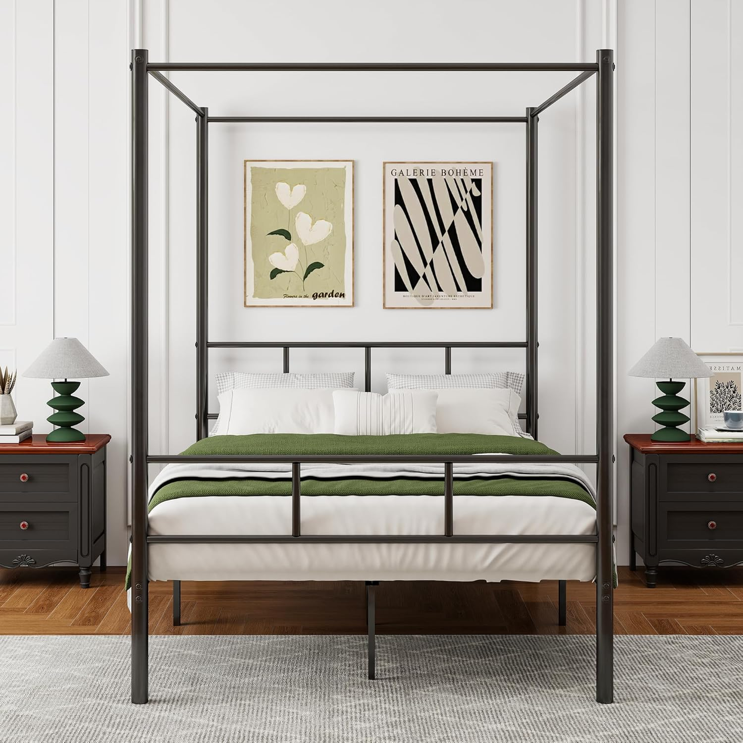 Diolong Patricia Double Bed Frame Canopy Four Poster Bed with Metal Slats/Mattress Platform with under Bed Storage/Bedroom Furniture/Black image number 3