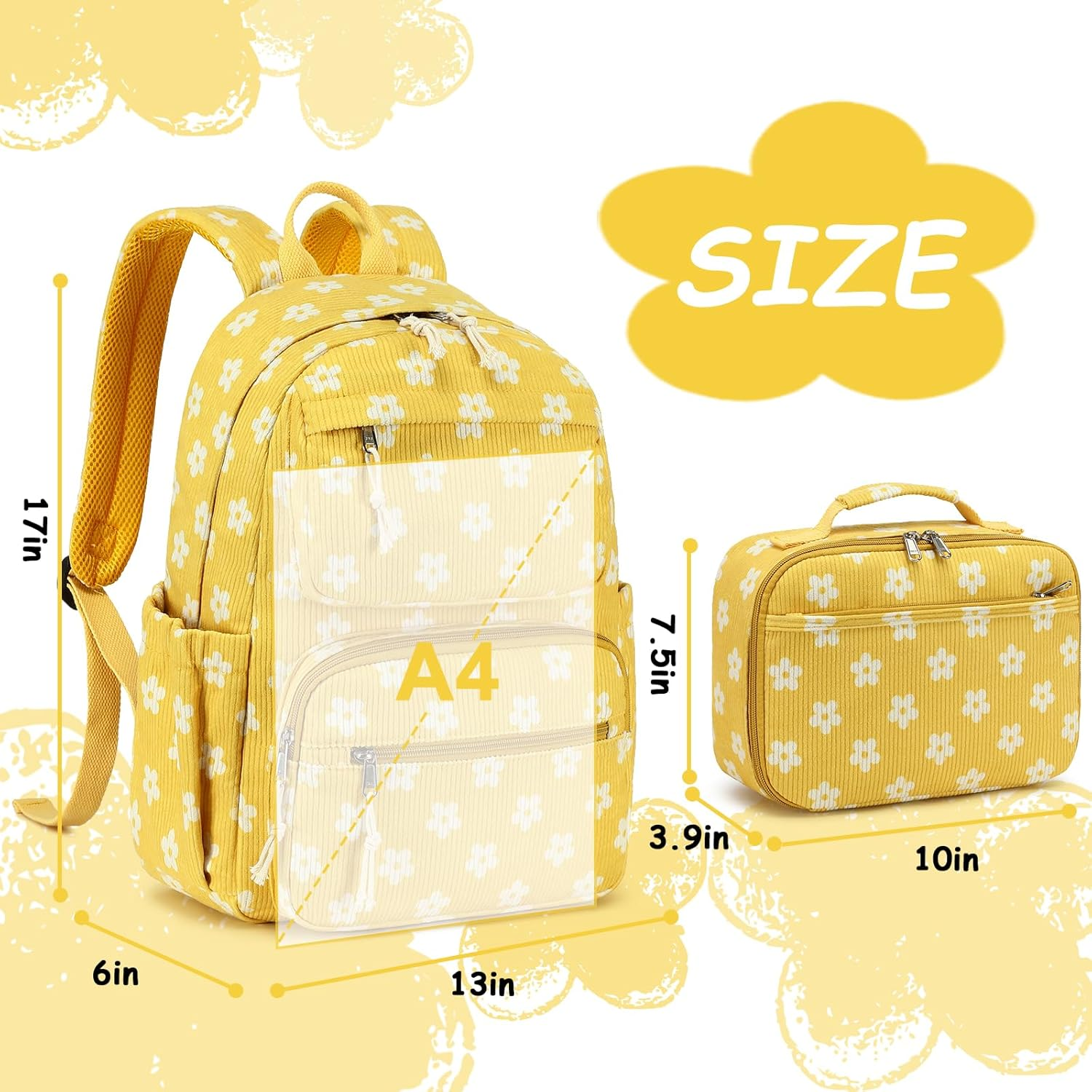 Bluboon Backpack for Girls Kids Preschool Backpack with Lunch Box Kindergarten Bookbag Toddler School Bags Set, Yellow Floral 95, School image number 5