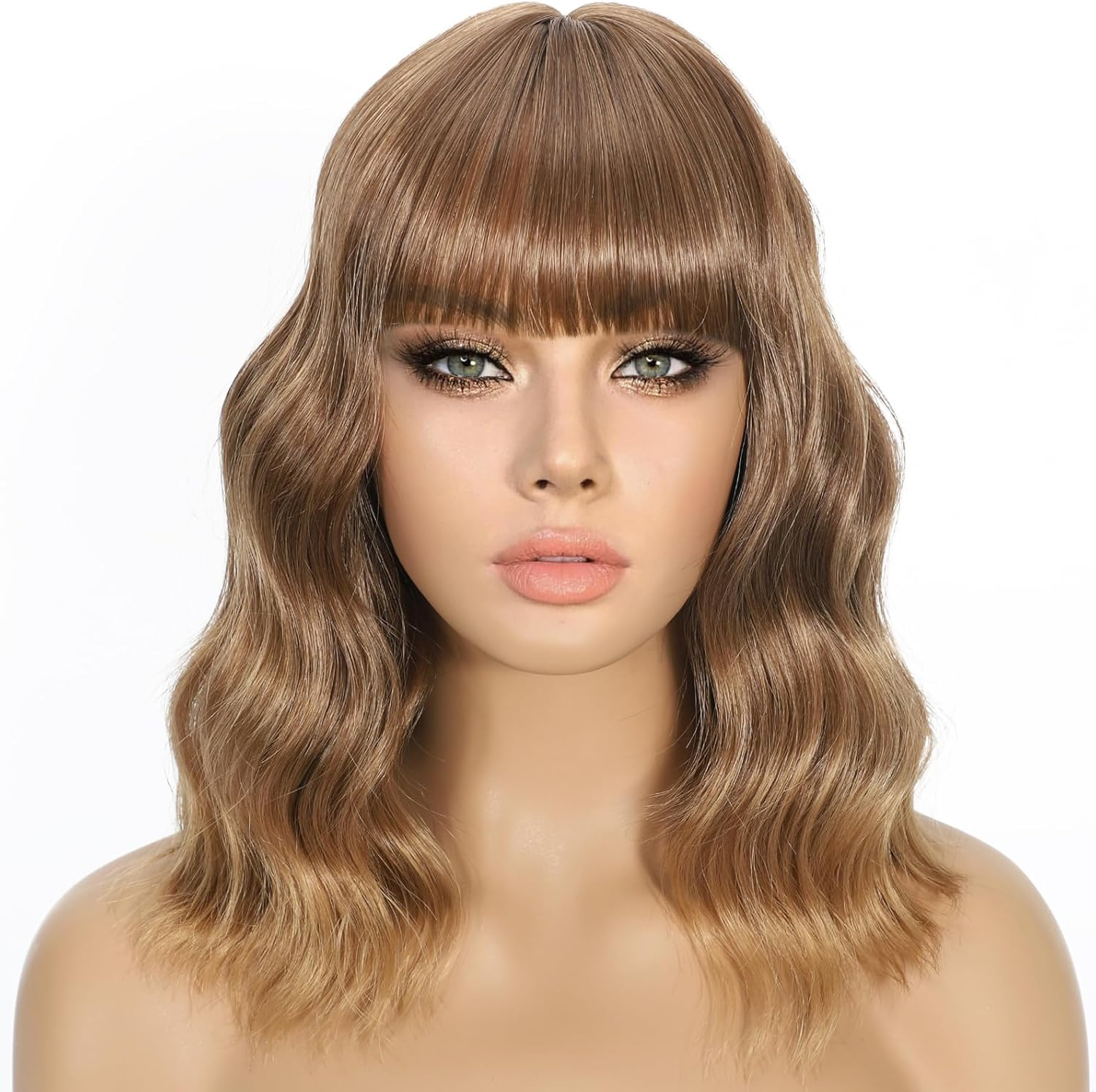 Wavy Wig with Bangs Short Curly Bob Wig for Women Highlight Style Synthetic Heat Resistant Bob Wigs for Daily Party Use (Ombre Dark Brown-Blonde, 14 Inch Bob)