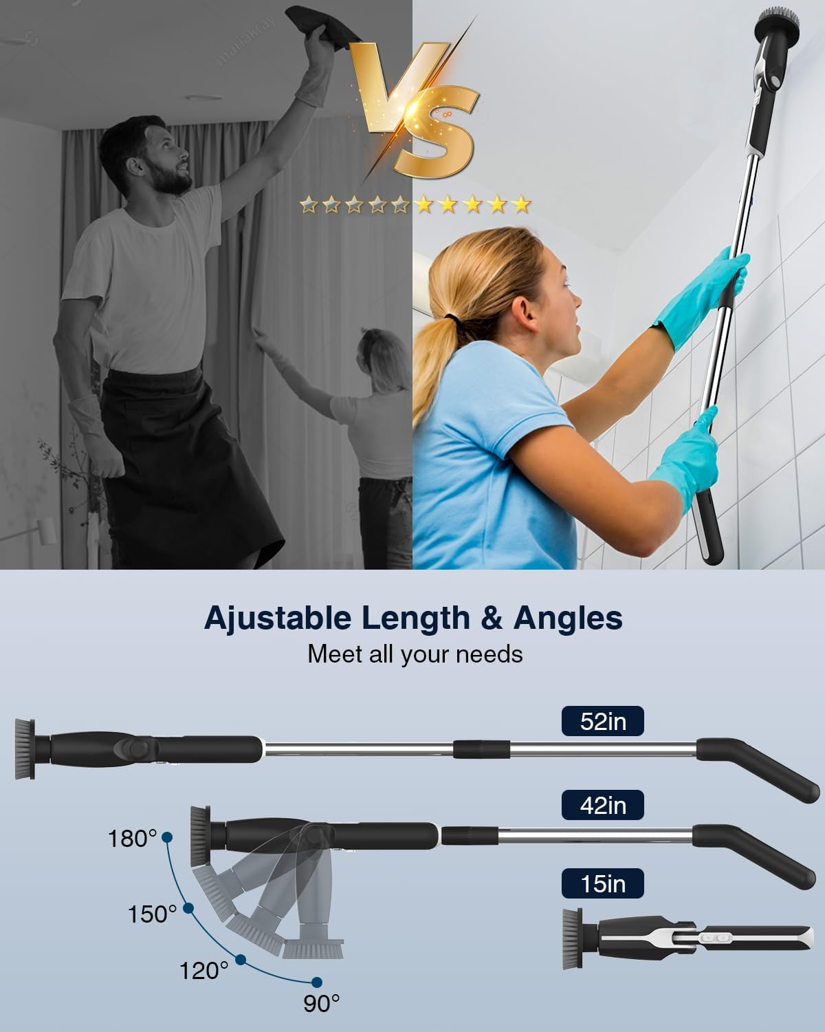 Leebein Electric Spin Scrubber, Electric Scrubber with 4 Adjustable Angles and 8 Brush Heads, Shower Scrubber with Long Handle & Remote Control, Cleaning Brush for Bathroom, Tub, Floor, Tile image number 2