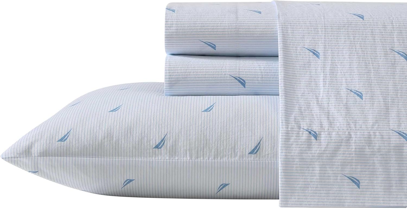 Nautica - Full Sheets, Cotton Percale Bedding Set, Casual Home Decor (Boat Stripe Pale Blue, Full)