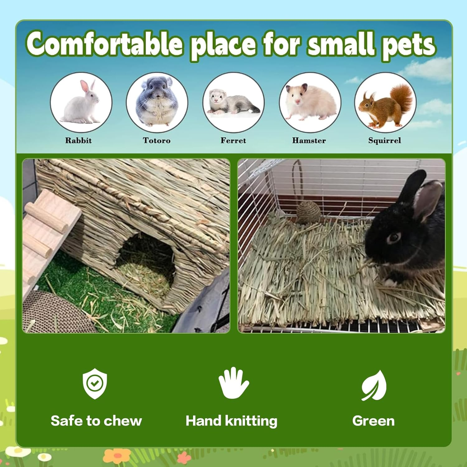 SUSOO Large Rabbit Grass House & Chewing Toy Set &ndash; Foldable Bunny Hideout, Natural Grass Bed,14 Natural Chew Toys with Carrot Shape Rattan, Apple Branch, Pinecone for Hamster, Guinea Pigs&Chinchilla image number 6