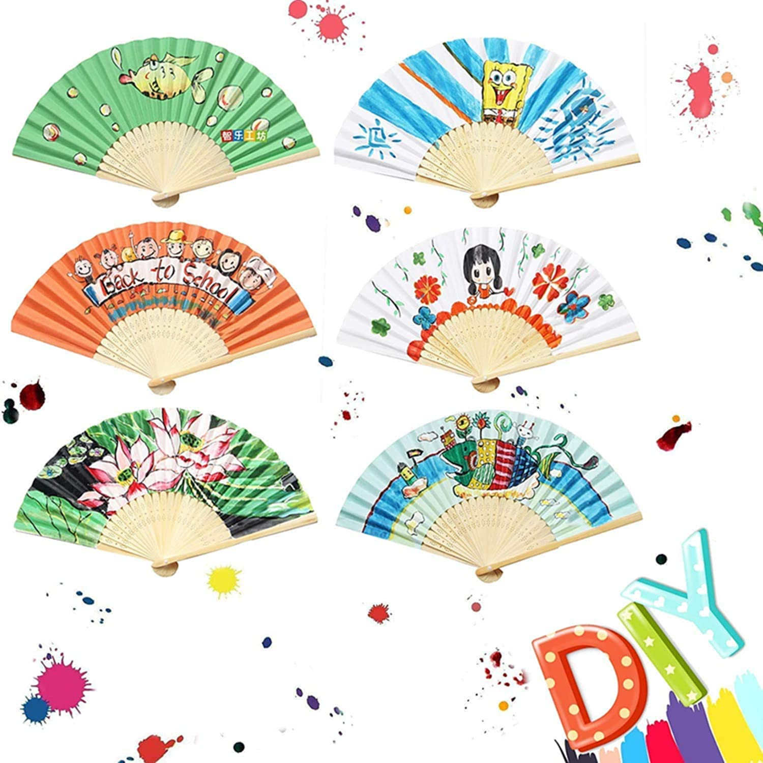 10 Pcs Handheld Folded Fan Bamboo Folding Paper Hand Held Fans for Wedding, Party Favor,Home Decoration and Children'S Painting DIY (10 Pcs) image number 6