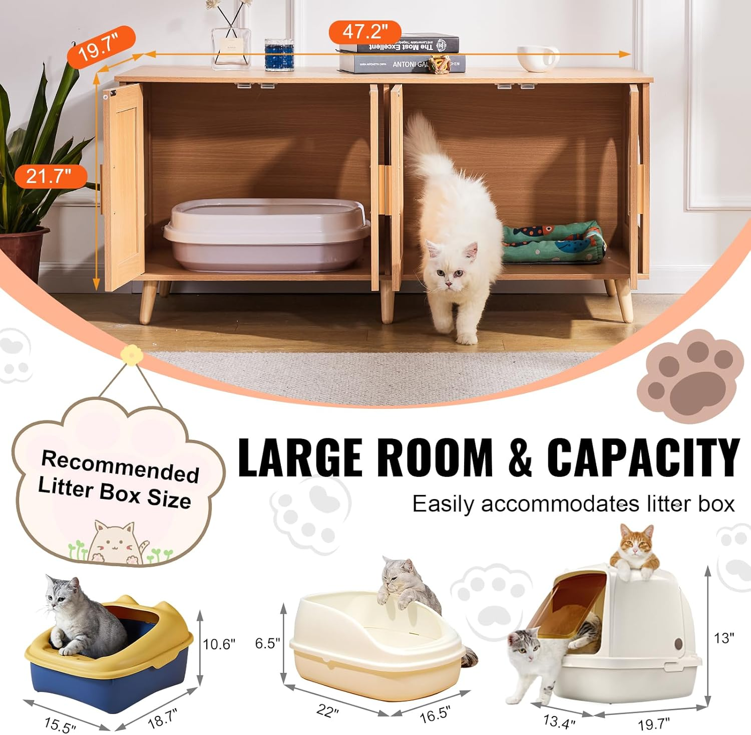 VEVOR Cat Litter Box Enclosure for 2 Cats, Litter Box Furniture Hidden with Rattan Decorated Doors, Wooden Cat Box Cabinet Fit Most of Litter Box, 47.2" L X 19.7" W X 21.7" H, Natural image number 6