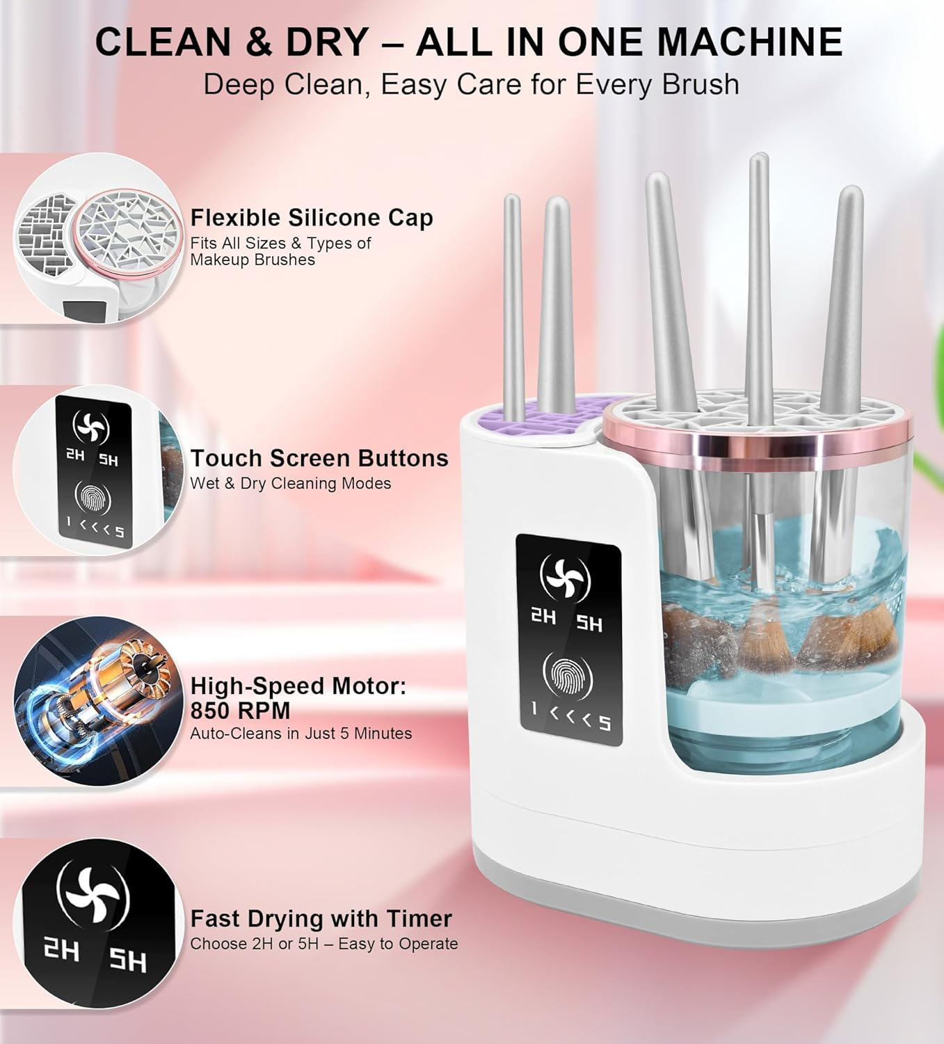 Makeup Brush Cleaner and Dryer with Touch Control, Automatic 5-Min Countdown Cleaning Brushes, Dual-Direction Spin, 2H/5H Air Drying, Wet-Dry Separation &ndash; 3 in 1 Electric Brush Washer for Multiple Brush Sizes image number 5