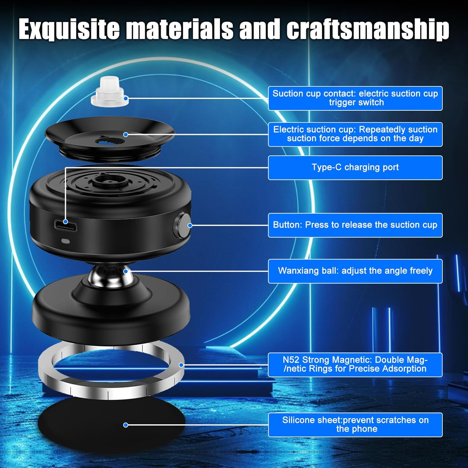 WODHMIEY Magnetic Car Phone Holder with Electric Vacuum Suction, 360 Rotation, Portable Car Accessories, Universal Magnetic Suction Phone Mount for Travel Home Gym (Black) - Black image number 6