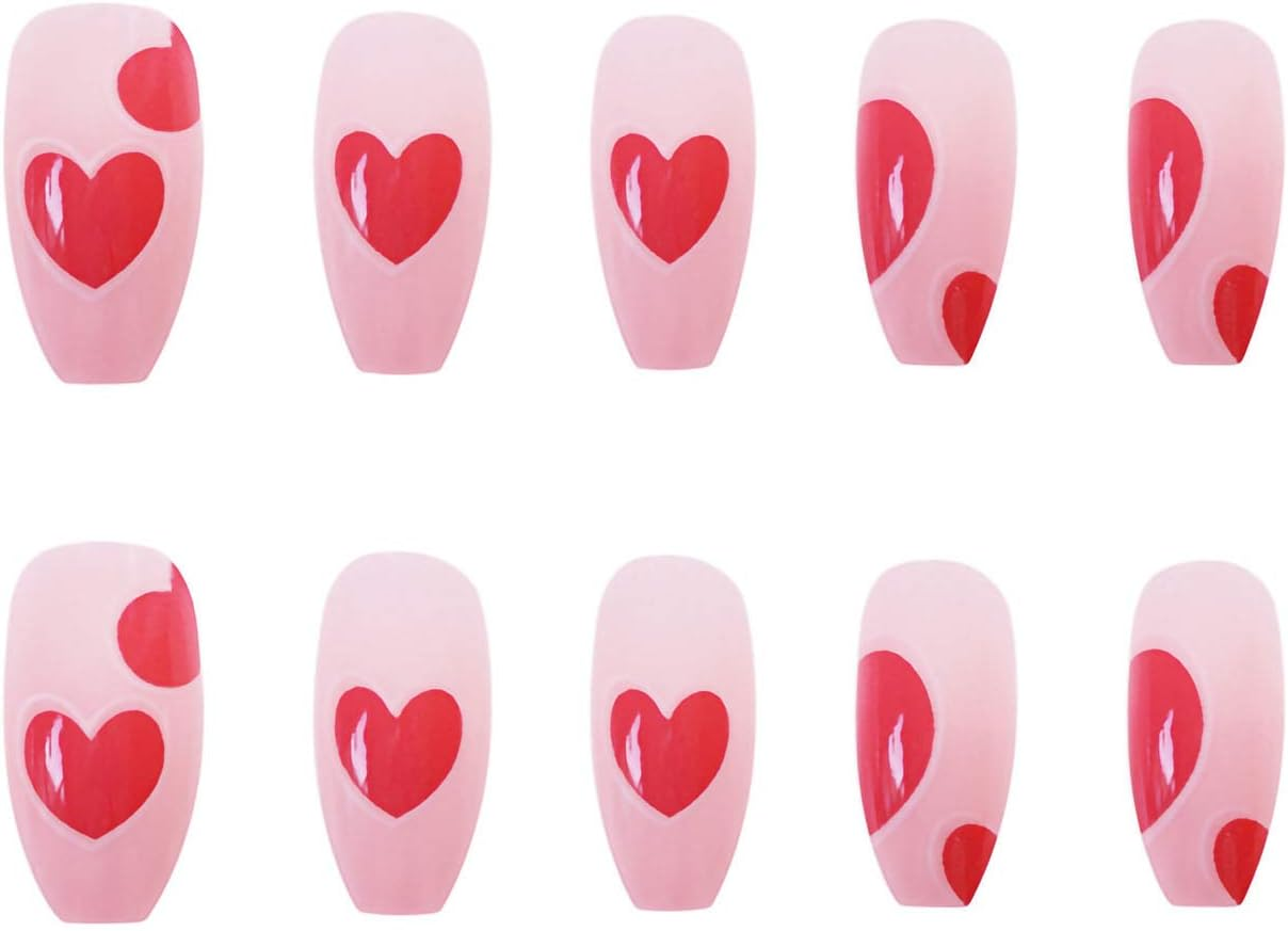 Love Heart Press on Nails,24Pcs Rose Red Full Cover Long Coffin Fake Nails Love Style Design Nails for Women and Girls image number 3