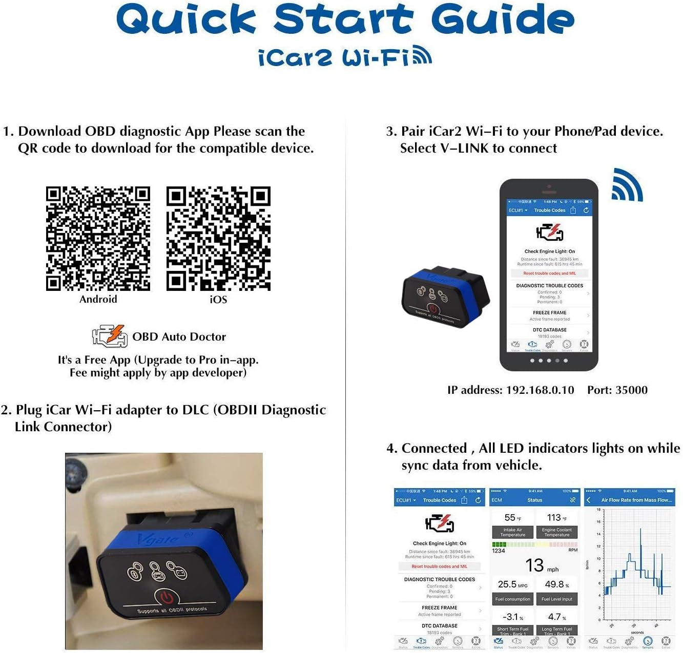 Vgate Icar2 Wi-Fi Adapter OBD2 Scanner Scan Tools Check MIL Light Car Diagnostic Tool for Ios & Android, Auto Sleep (Blue)
