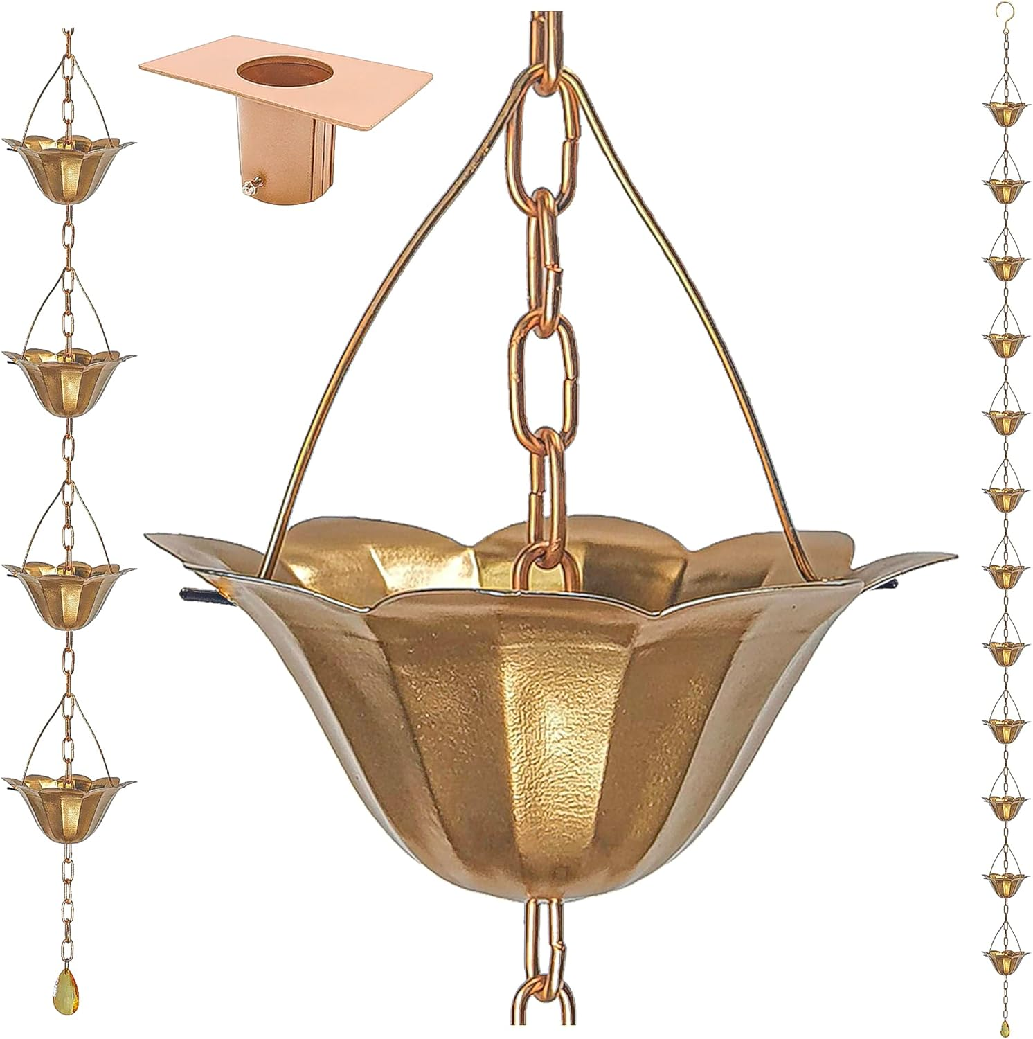 8.5FT Lotus Copper Colored Iron Rain Chains for Gutter and Rain Barrel, Rust-Resistant Plated Garden D&eacute;cor Rain Chain for Downspout, Bonus Rain Chain Gutter Adapter - Antique Bronze image number 2