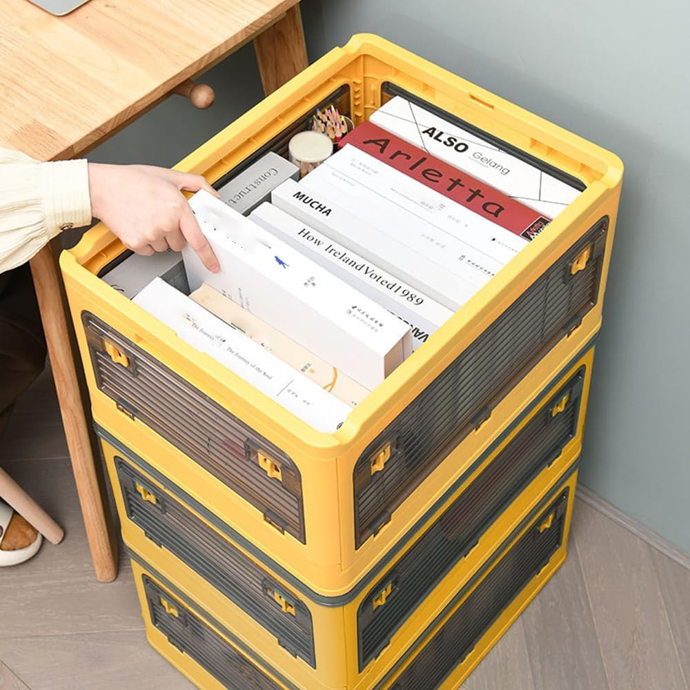 2 Pack Plastic 4 Doors Collapsible Storage Bins with Lid & Wheels Foldable Lidded Storage Containers with Handle Slots Multifunctional Stackable Folding Organizer Cube for Camping Clothes Toys, Yellow image number 3