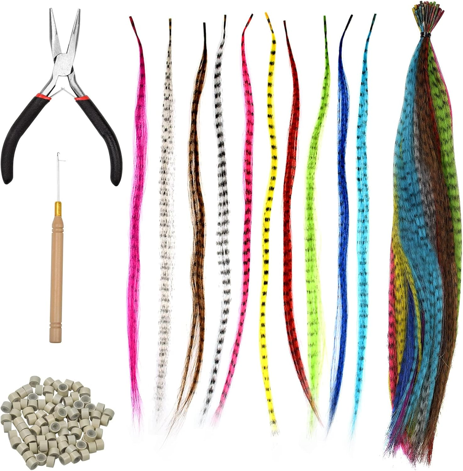 50 Pieces Feather Hair Extension Set, Synthetic Hair Strands, Coloured Hair Extensions, Clip Feather Extensions, Highlights, Colourful Straight Hairpiece with 100 Silicone Rings, Pliers and Hooks image number 2