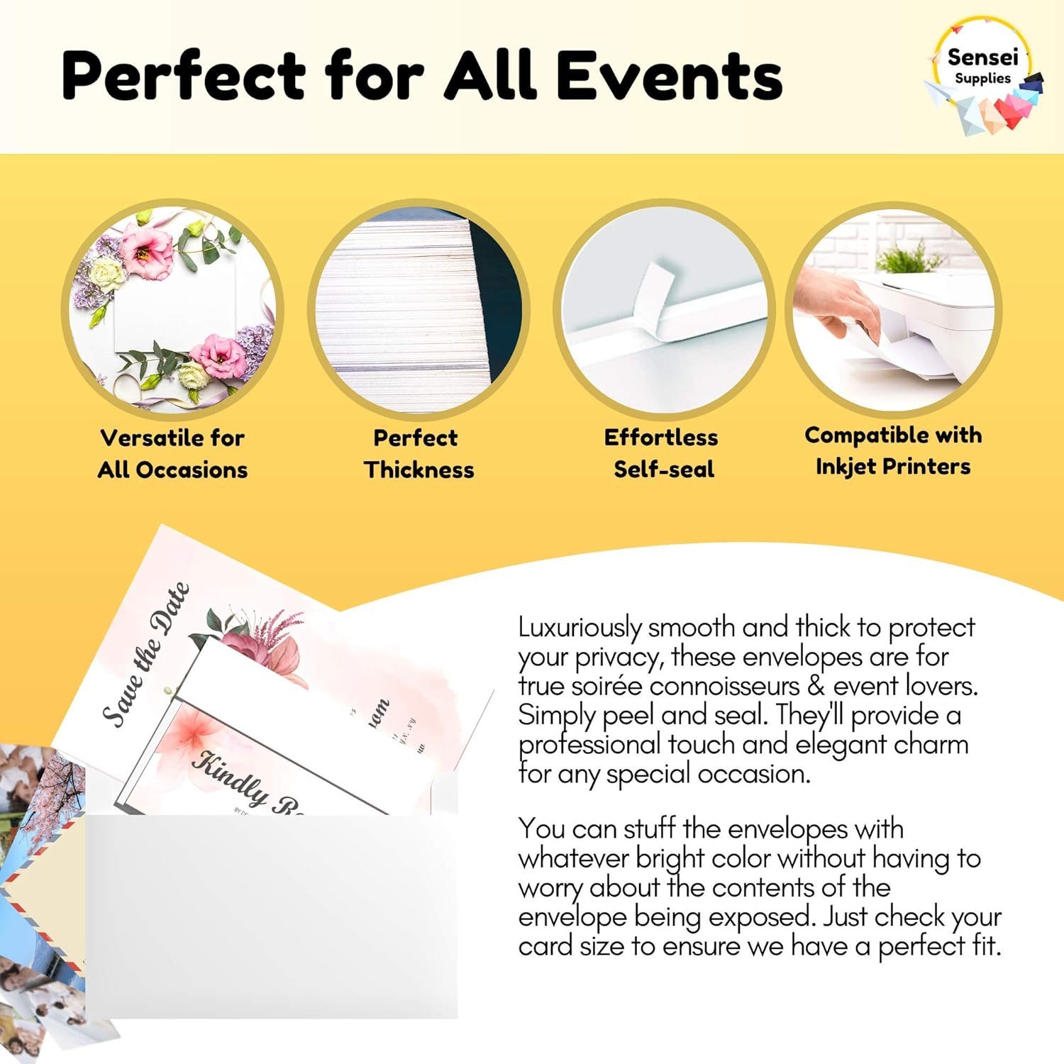 110 5X7 White Invitation Envelopes - for 5X7 Cards - A7 - (5 &frac14; X 7 &frac14; Inches) - Perfect for Weddings, Graduation, Baby Shower - 120 GSM - Peel, Press & Self Seal - Square Flap image number 4