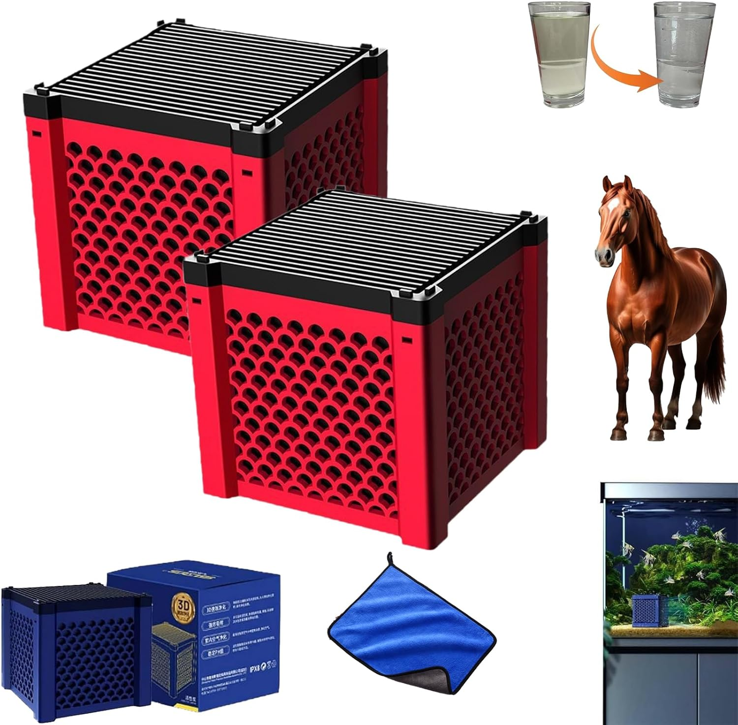 Pure Cube Water Trough Filter 2.0, Eco-Aquarium Water Trough Purifier Cube, Filternatur Activated Carbon Filter Media for Horse Troughs, Livestock Tanks, Fish Ponds & Aquatic Tanks (2Pcs-Red) image number 6