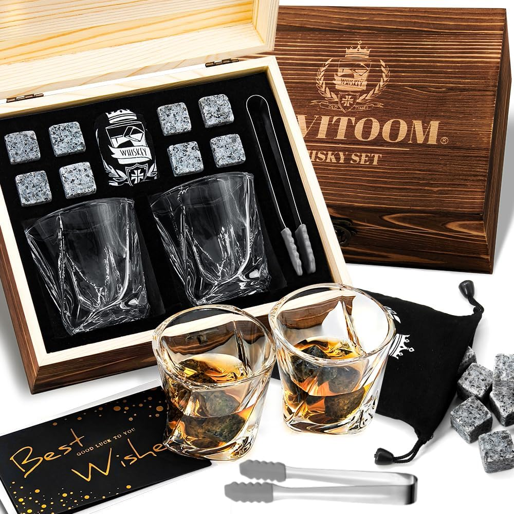 Whiskey Gift Set of 2 for Men, Bourbon Twisted Scotch Glass & Chilling Stones, Wood Box Gifts for Dad, Husband, Friends- - Gift Idea for Men Who Drink Whisky image number 2