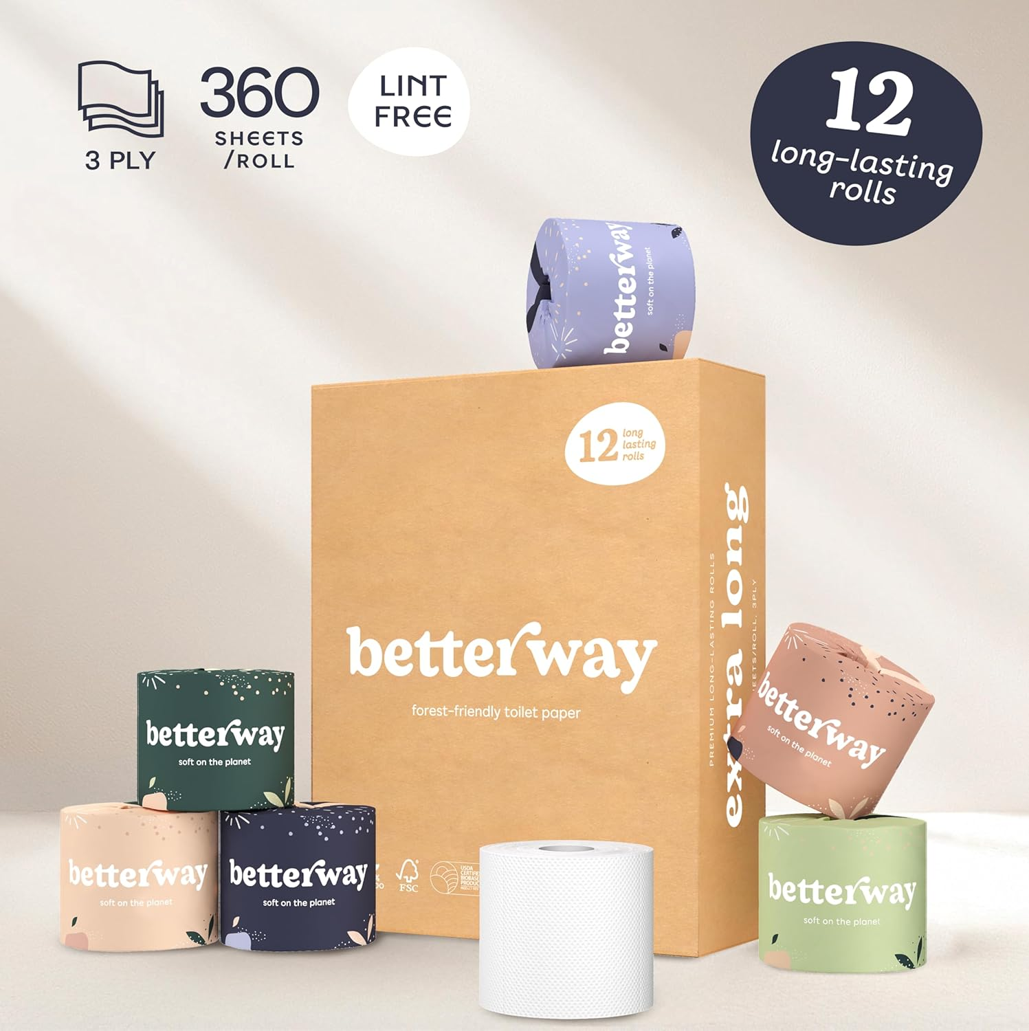 Betterway Bamboo Toilet Paper 3 PLY - Eco Friendly, Sustainable Toilet Tissue - 12 Double Rolls & 360 Sheets per Roll - Septic Safe - Organic, Plastic Free, Compostable & Biodegradable - FSC Certified