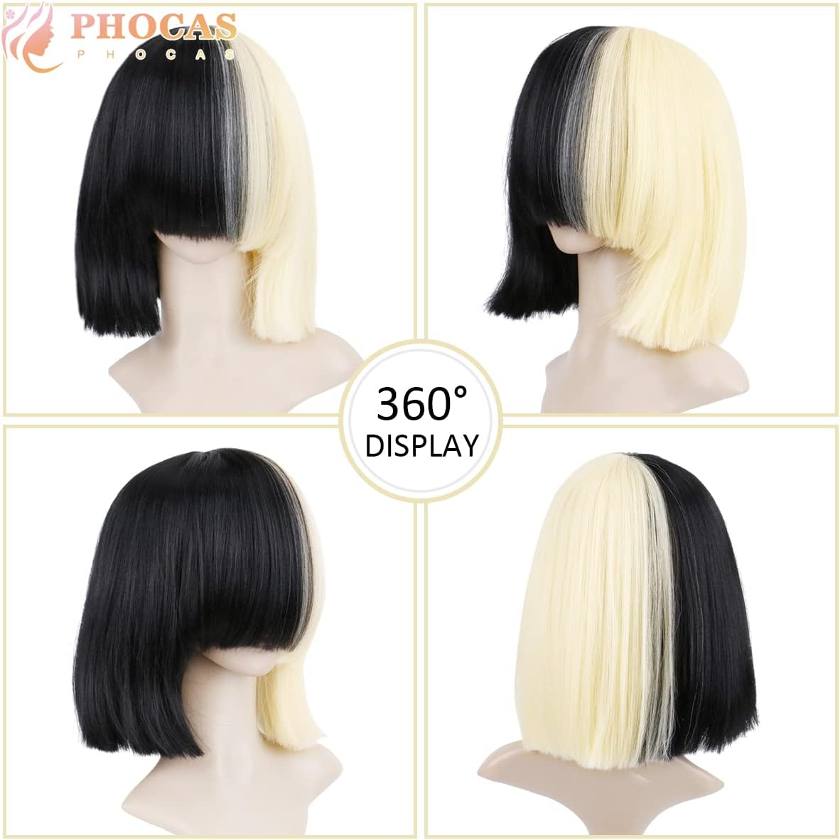 Phocas Hair Half Blonde and Black 2 Tone Hair Short Straight Cosplay Wig for Women - A-Brown image number 7