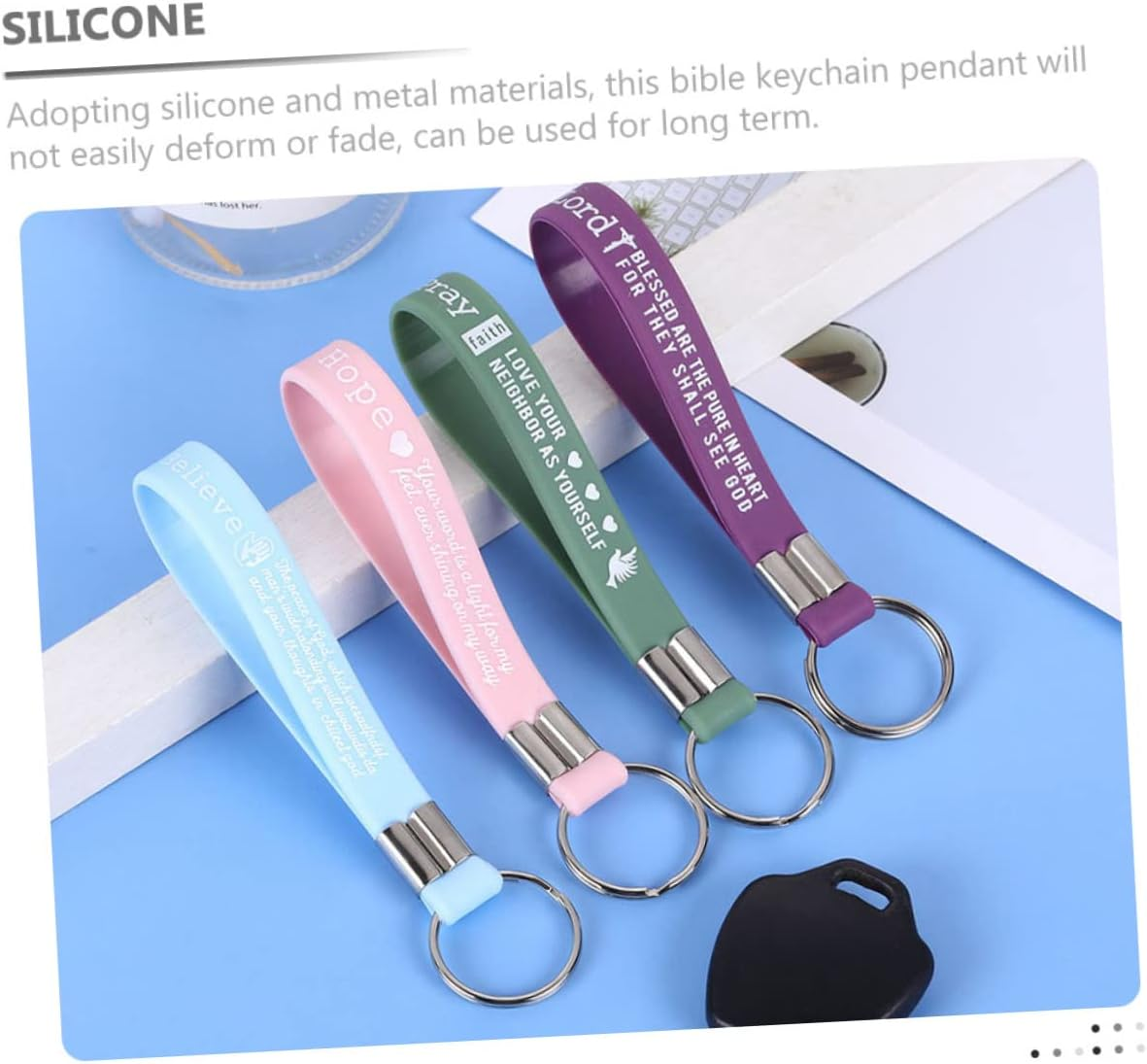 HONMEET Bible Scripture Silicone Keychains 4Pcs Set, Religious Novelty Keyring Bag Pendants for Women, Backpack Charms Party Favors Inspirational Bible Verses image number 1